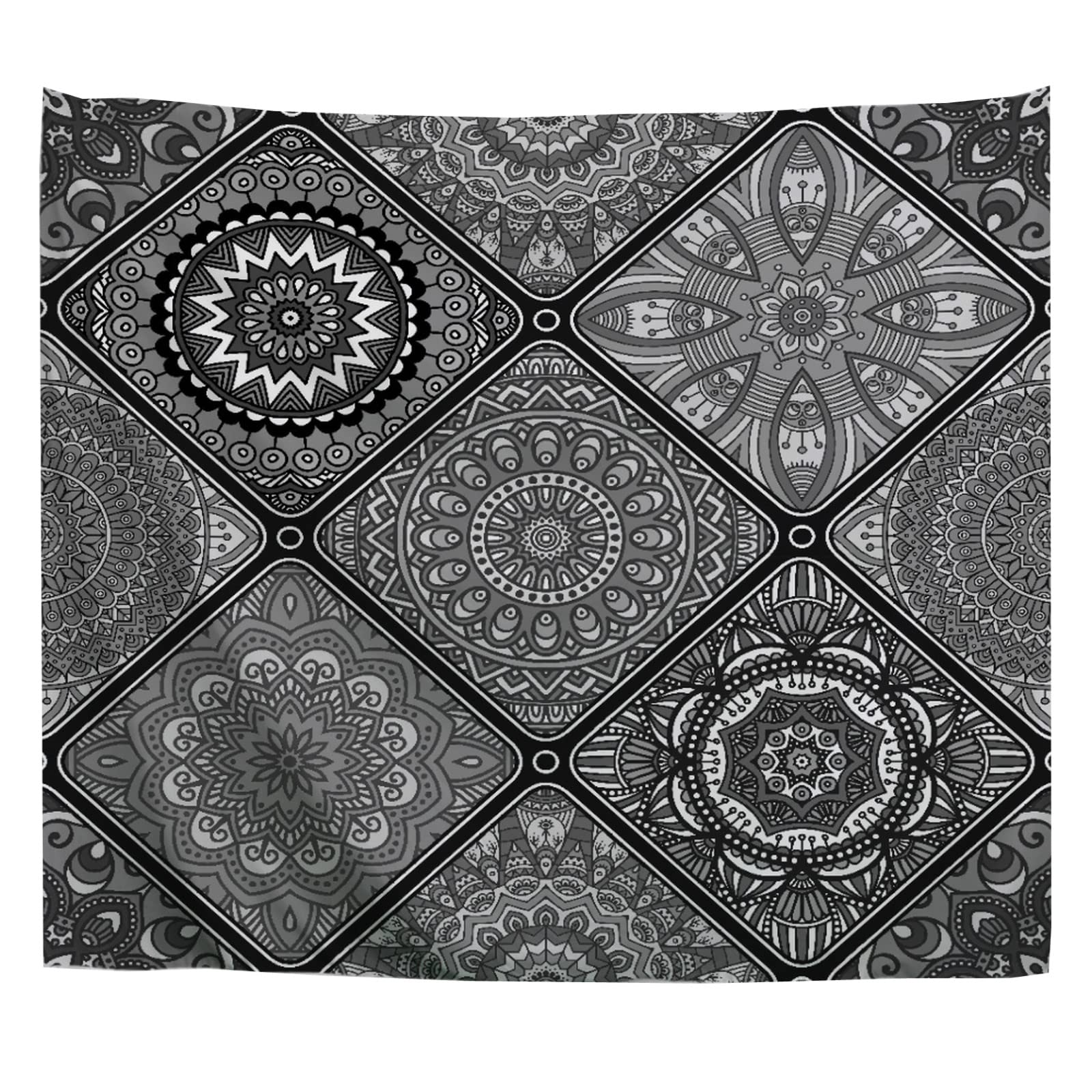 A.Monamour Wall Hanging Tapestry Grey Floral Mandala Patchwork Squares Pattern In Portuguese And Moroccan Style Picture Print Wall Fabric Mural Art Decoration for Bedroom Dorm Living Room 153x203cm โ image 1