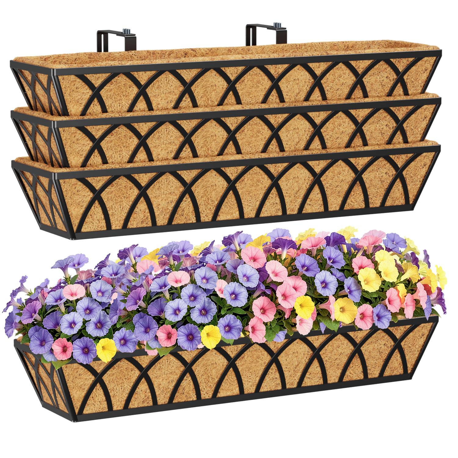 Hfhome 30In 4P-X-Type 4Pcs 76.2Cm/30In Wall Trough Rail Planters, Large Hanging Flower Baskets With Coco Liner And Adjustable Brackets, Metal Railing Planter Box For Window Box Porch Balcony Fences