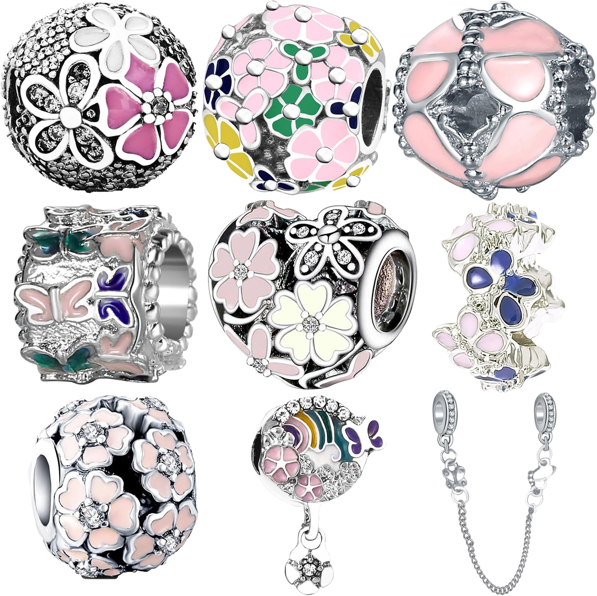 9 Pack Silver Spacer Beads Charms fit Pandora Bracelet CZ Pendant Set