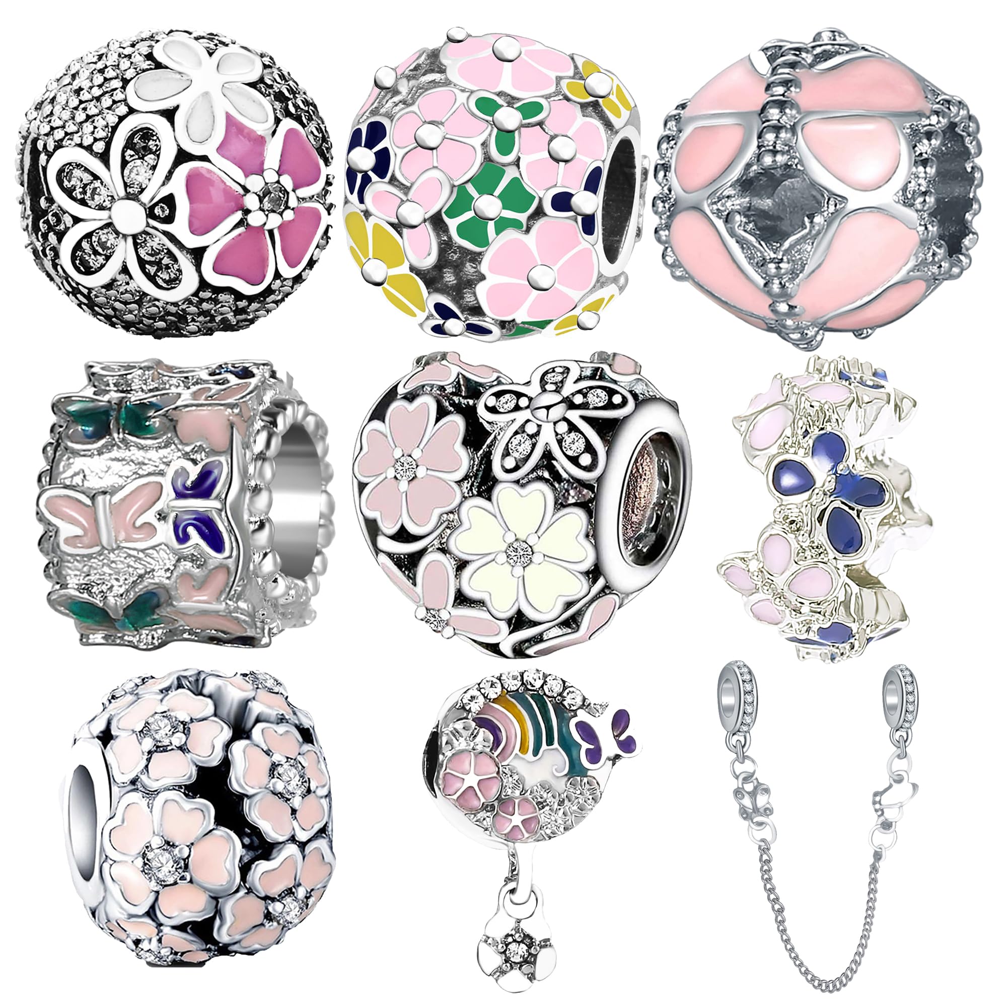 9 Pack Silver Spacer Beads Charms Fit Pandora Bracelet Butterfly Pink CZ Pendant Set Heart Enamel Cherry Blossoms, Silver, Cubic Zirconia, Silver, Zirconia-image-3