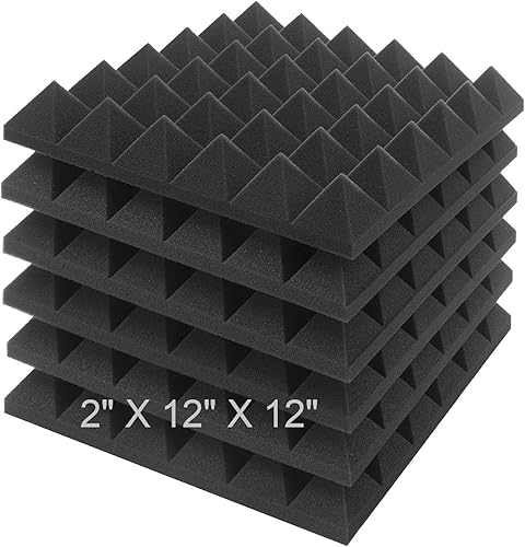 JBER Paneles de espuma acústica de sonido, paquete de 6 unidades de 2 x 12 x 12 pulgadas, tratamiento de insonorización de carbón, acolchado de