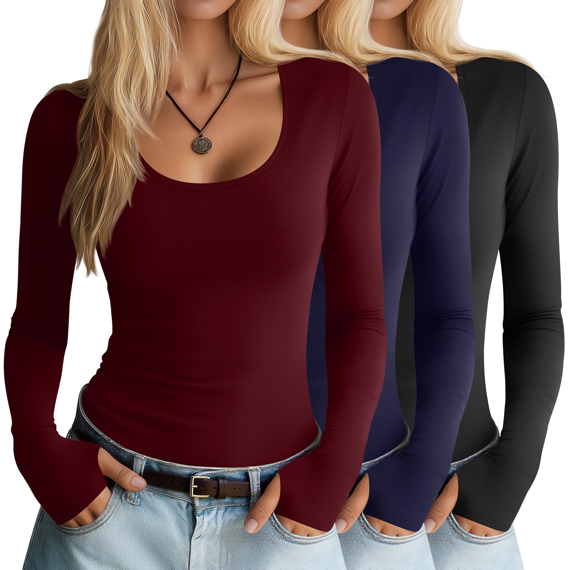 Neer Lot de 3 chemises à manches longues avec trou pour le pouce pour femme