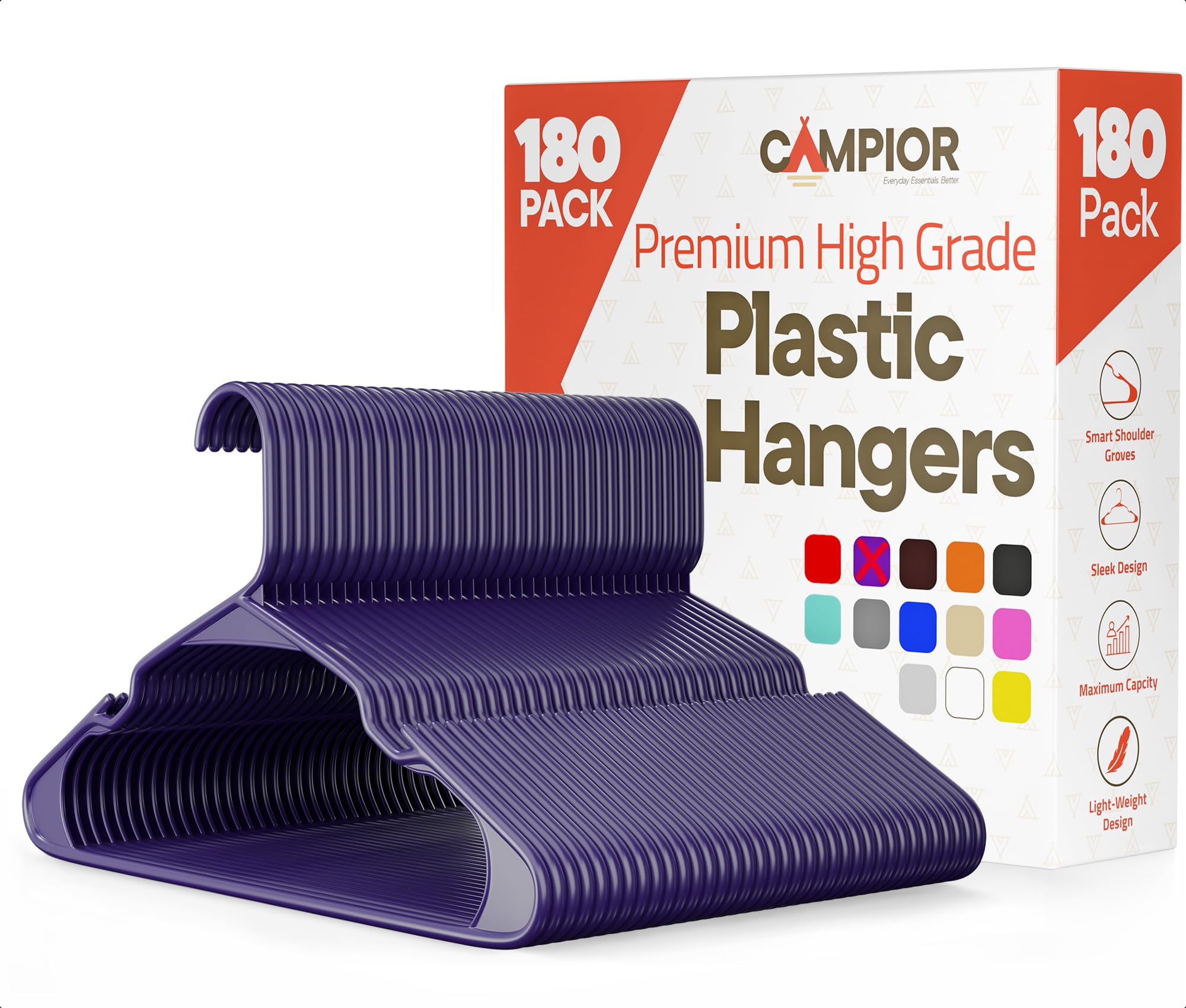 Campior Premium Clothes Hangers – Space-Saving Slim Design, Lightweight and Durable Plastic with Smart Shoulder Grooves, Versatile Usage for Organizing Laundry, Coats & Clothes, Purple, Pack of 180