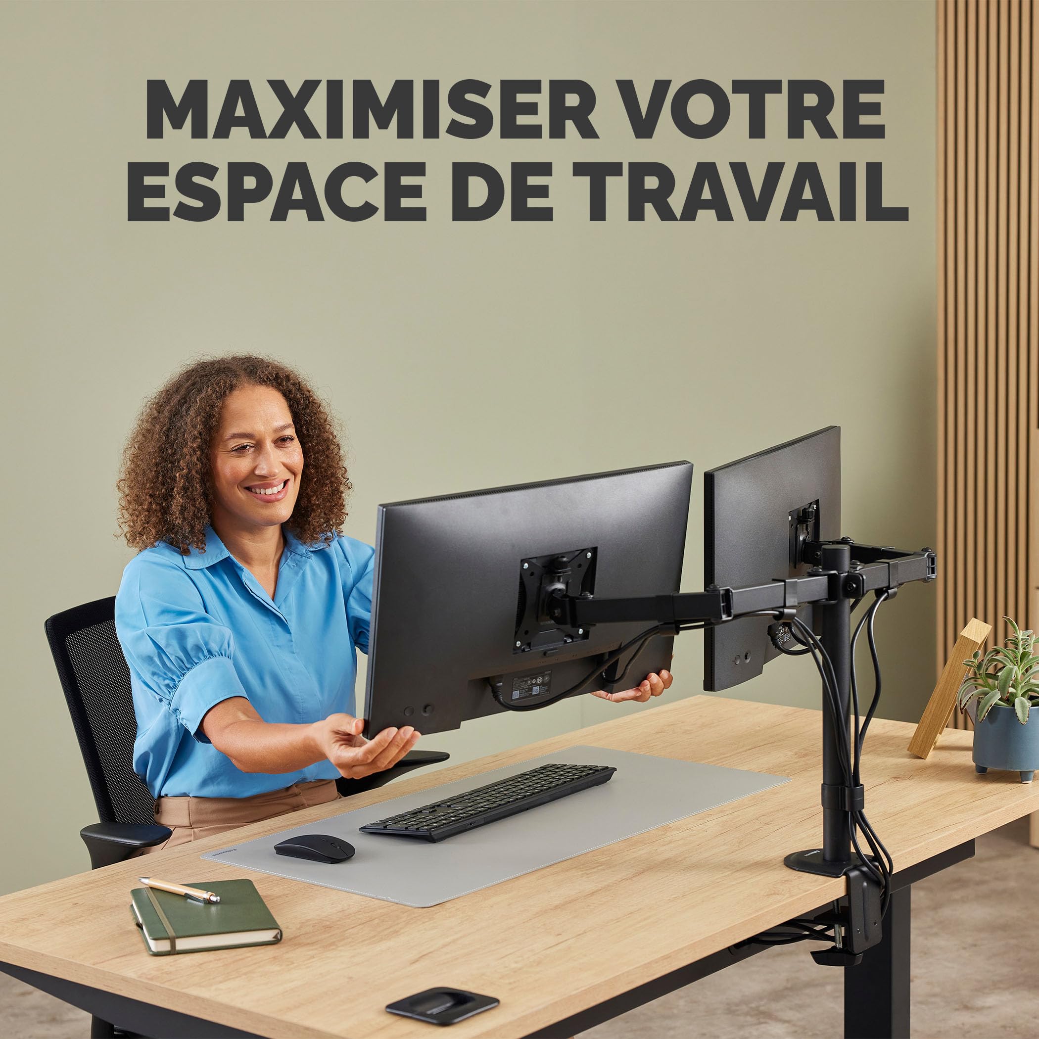 Fellowes Everyday Bras Écran Double Réglable – Supporte Deux écrans Jusqu’à 32" et 9 kg, Inclinaison, pivotement, Rotation, VESA 75/100, Fixation par Pince ou œillet, Gestion des câbles.
