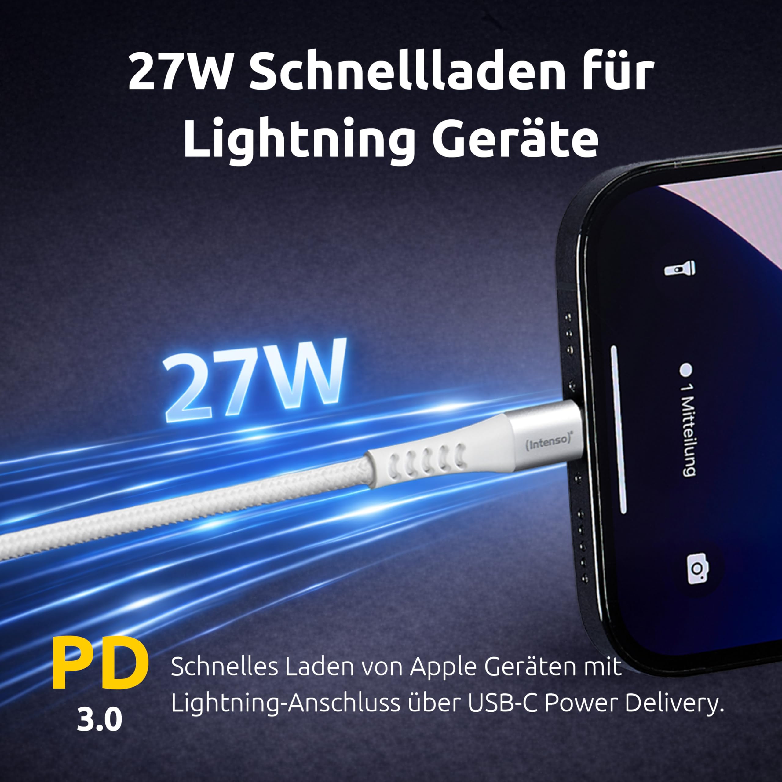 Intenso Kabel USB C315L, USB-C na Lightning kabel do transmisji danych i ładowania, Power Delivery o mocy do 60 W, nylon, 1,5 m, biały