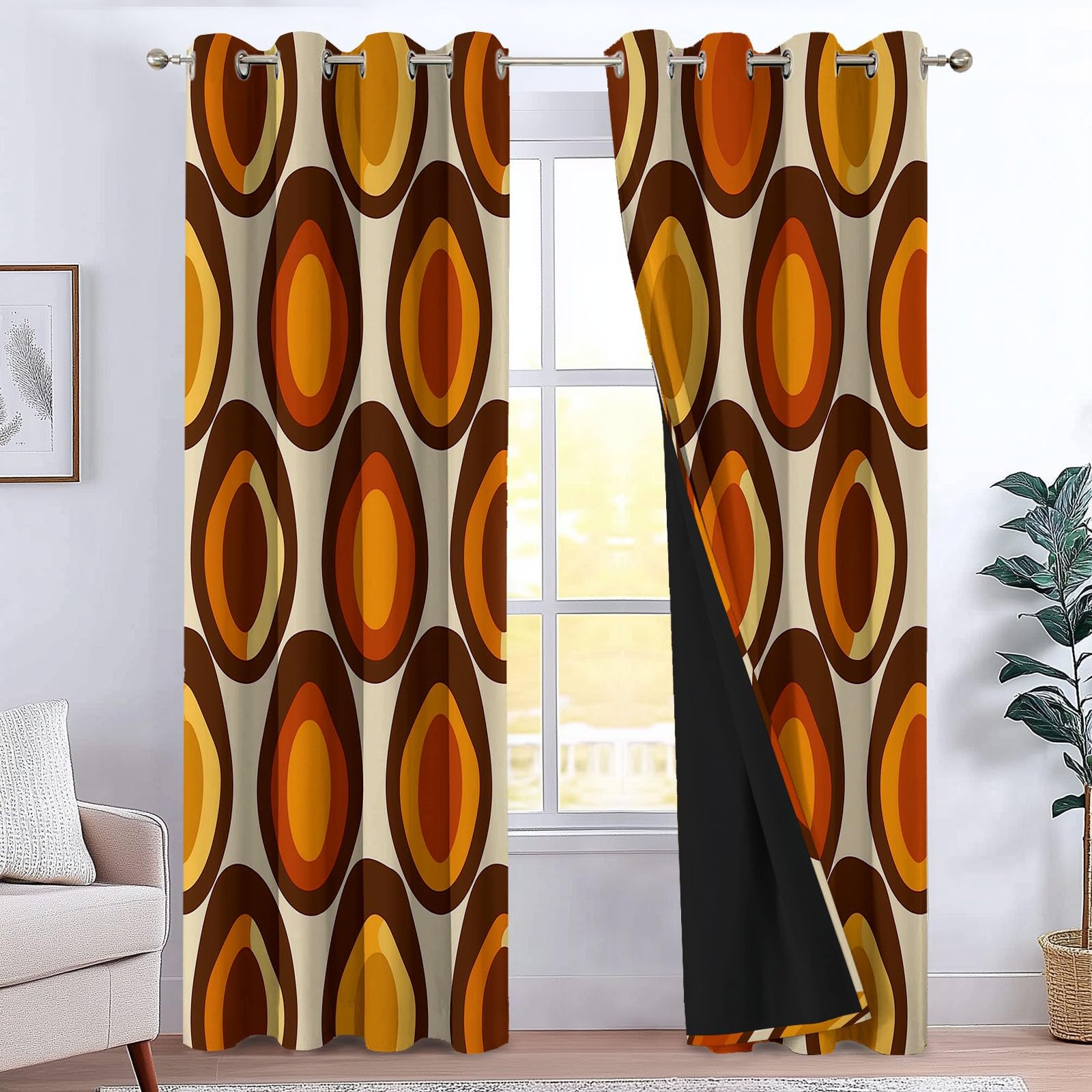 Genérico Arte Retro Cortinas de Ventana 140 x 260 cm (2 Paneles), Opacas Térmicas Aislantes del Frío y del Calor, Geometría Ovalada Huevos para Dormitorio o Sala de Estar, Decoración de Habitación