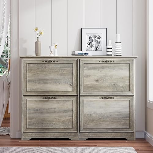 Miniatura 8 de Armario grande para zapatos, organizador de 4 cajones abatibles con estantes ajustables, armario de almacenamiento de zapatos delgado de madera y