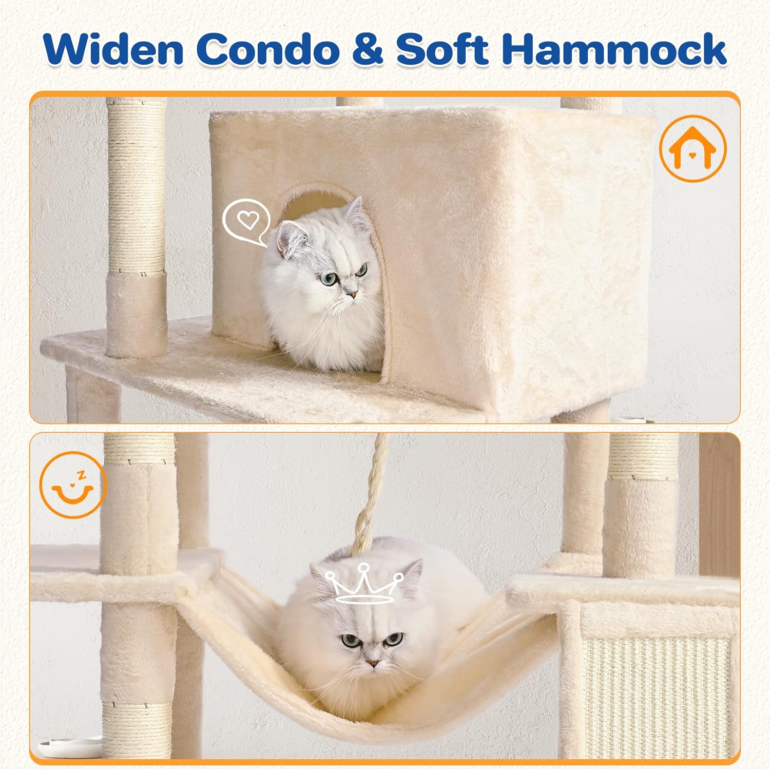 ABCPET Cat Tree Tower 63in Multi-Level Cat Tower for Indoor Cats with Sisal Scratching Posts, Condo, Hammock, Dangling Ball and Extended Platform for Cats to Play, Beige