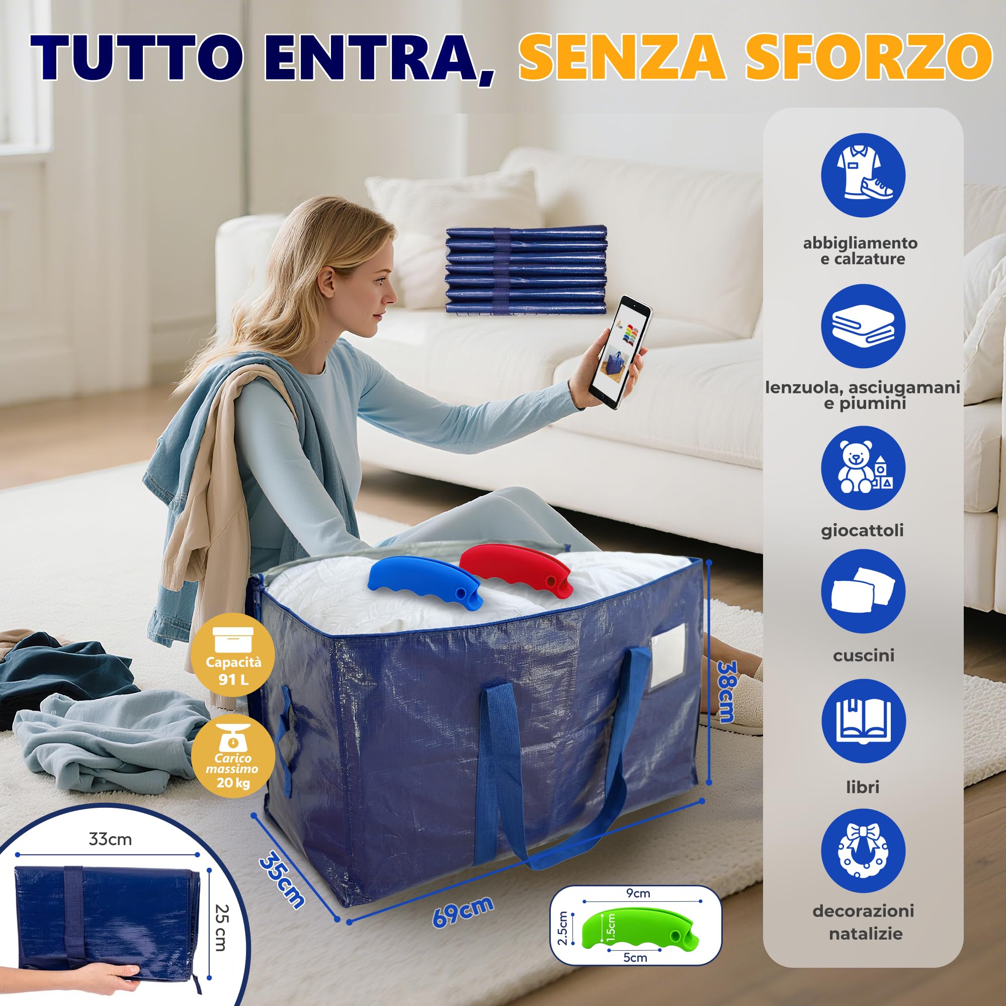 AXAM Borse per Trasloco XL 91 L [LOTTO-10] – Sacchi Portaoggetti Ultra Resistenti con Manici Comfort in Silicone – Alternativa Ecologica ai Cartoni – Pieghevoli, Impermeabili e Impilabili