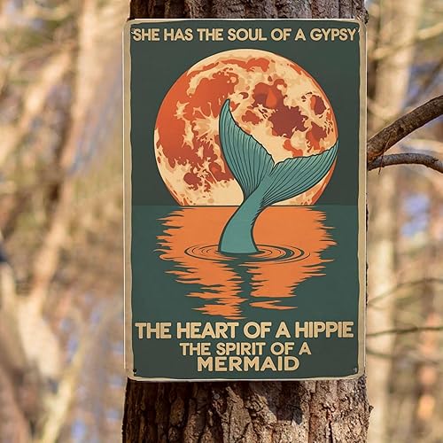 Miniatura 8 de Placa de metal de sirena gitana de 8 x 12 pulgadas, decoración de pared bohemia para casa de playa con arte abstracto del océano para dormitorio,