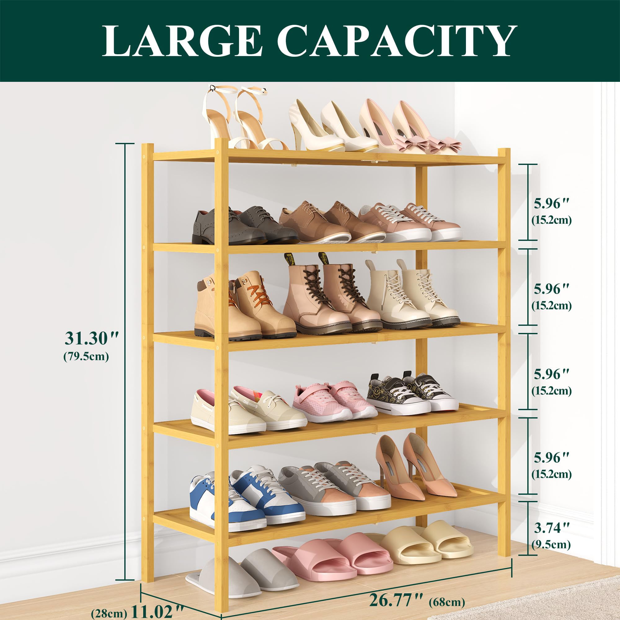 smiry Schuhregal aus Bambus, Stabile Schuhablage, Platzsparend Schuhständer für Schuhe, Handtasche, Pflanzen, Flur, Wohnzimmer, Schlafzimmer - 5 Ebenen, Natur