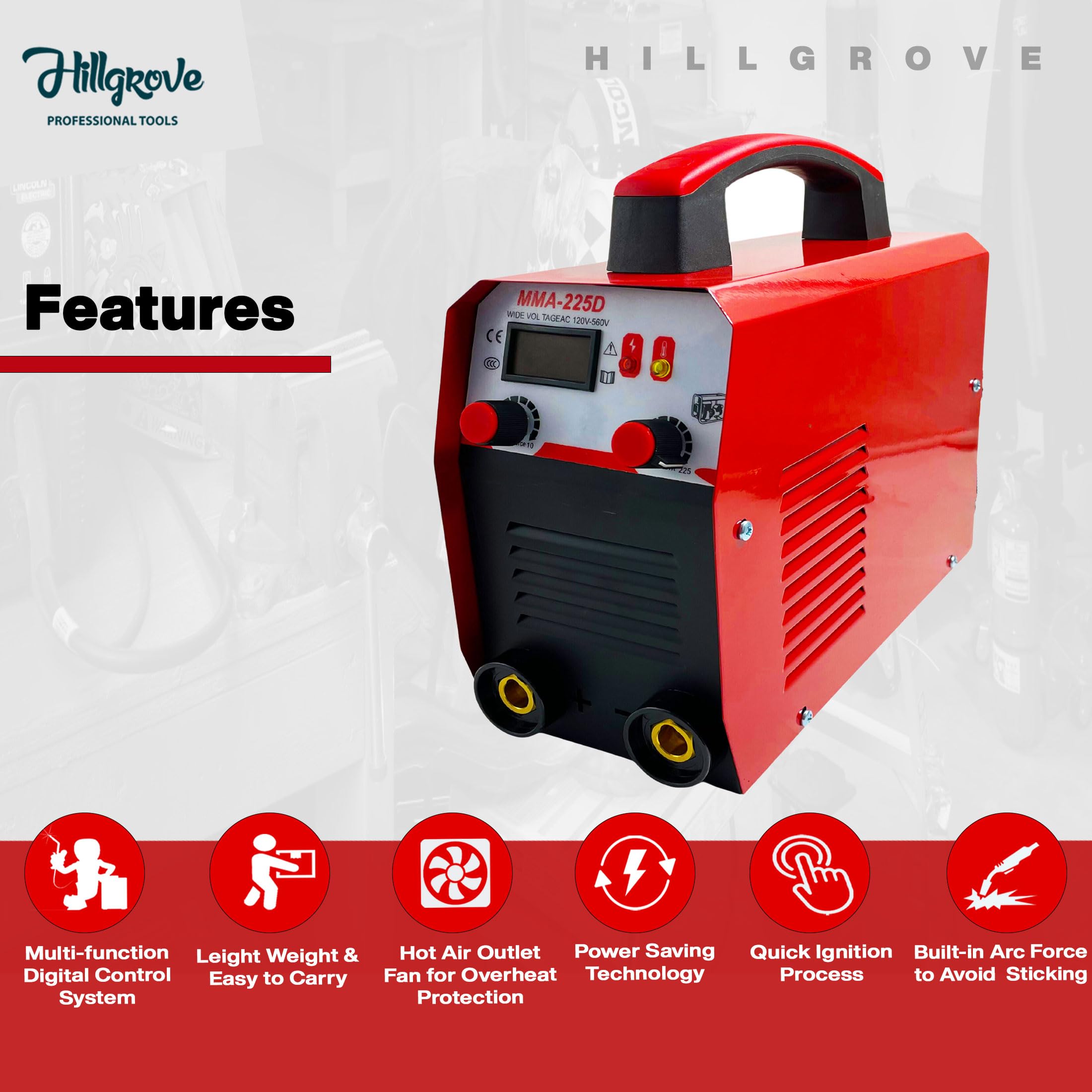 Hillgrove HGCM1210M3 225Amp Arc Force Control, AC, Anti Stick, Hot Start Function Rod Digital Display IGBT Based VRD Technology MMA Inverter Welding Kit Machine 1