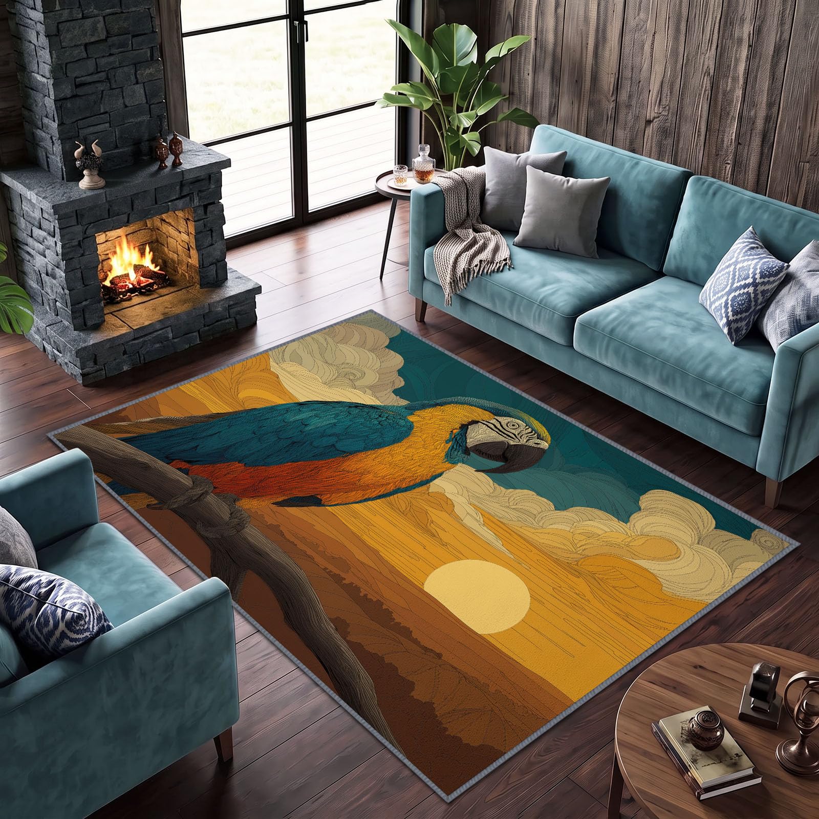 Kurzflor Teppich Wohnzimmer Tropische Tiere Aras Flauschig Weiche Anti Rutsch Unterseite Teppiche für Kinderzimmer Schlafzimmer Küche, Pflegeleicht Waschbare Fußmatte, Gelb, 180 x 240 cm