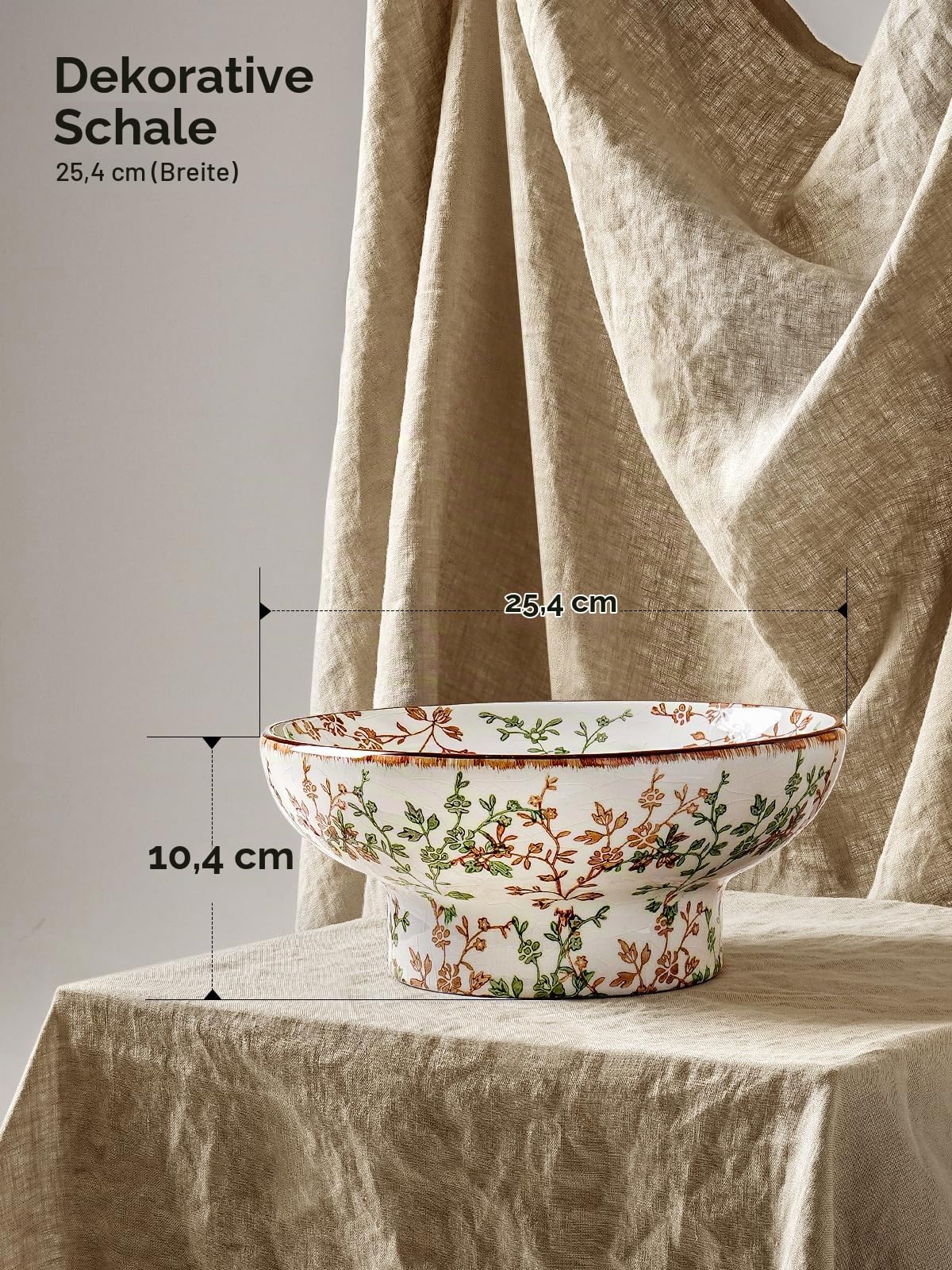 LE TAUCI 25 cm Keramik Dekoschale, Obstschale, Schlüsselschale für den Eingangsbereich, Handgefertigte, Robuste Schale mit Sockel für die Küchentheke, Tischdekoration, Rankengrün
