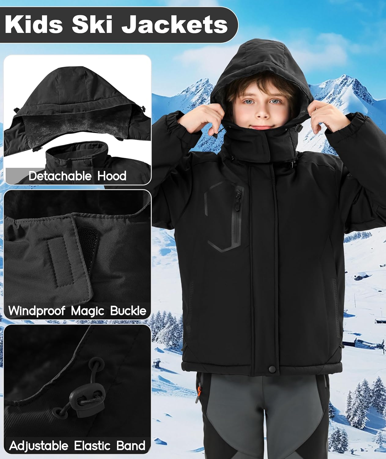 Kids Winter Jackets Warm Fleece Waterproof Snow Jacket with Zipper Pockets Detachable Hood - Image 4