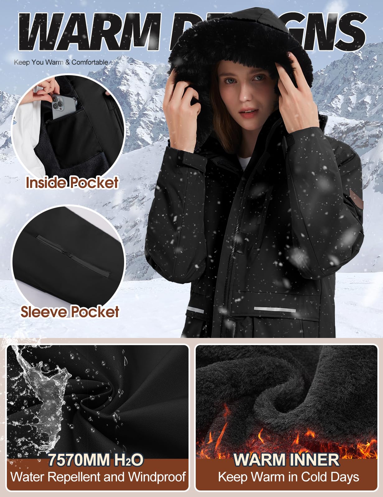Voqeen Veste Ski Femme Blouson Femme Hiver Imperméable Pour la Montagne Veste Polaire Coupe-vent avec Capuche Amovible pour Femmes
