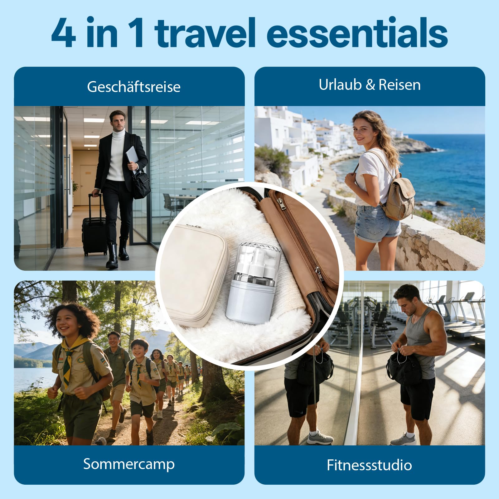 Contenitori Da Viaggio Per Liquidi 4-in-1 Set Riempibile, Accessori Viaggio Aereo Pompa 50ml Etichette Adesive, Regali Utili Per Chi Ama Viaggiare Impermeabile Antifuga Viaggio Ufficio (Blu)