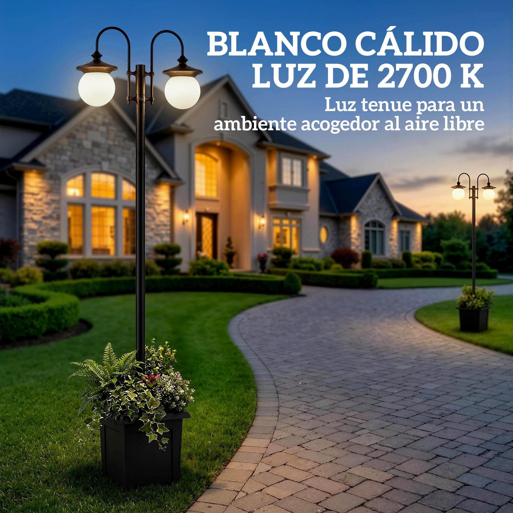 Outsunny Farola Solar Exterior de Jardín con Macetero 53,5x30x182cm Negro | 2 Cabezales, Impermeable IP44, Encendido/Apagado Automático, Altura Ajustable, Luz Solar de Exterior LED, Terraza Patio