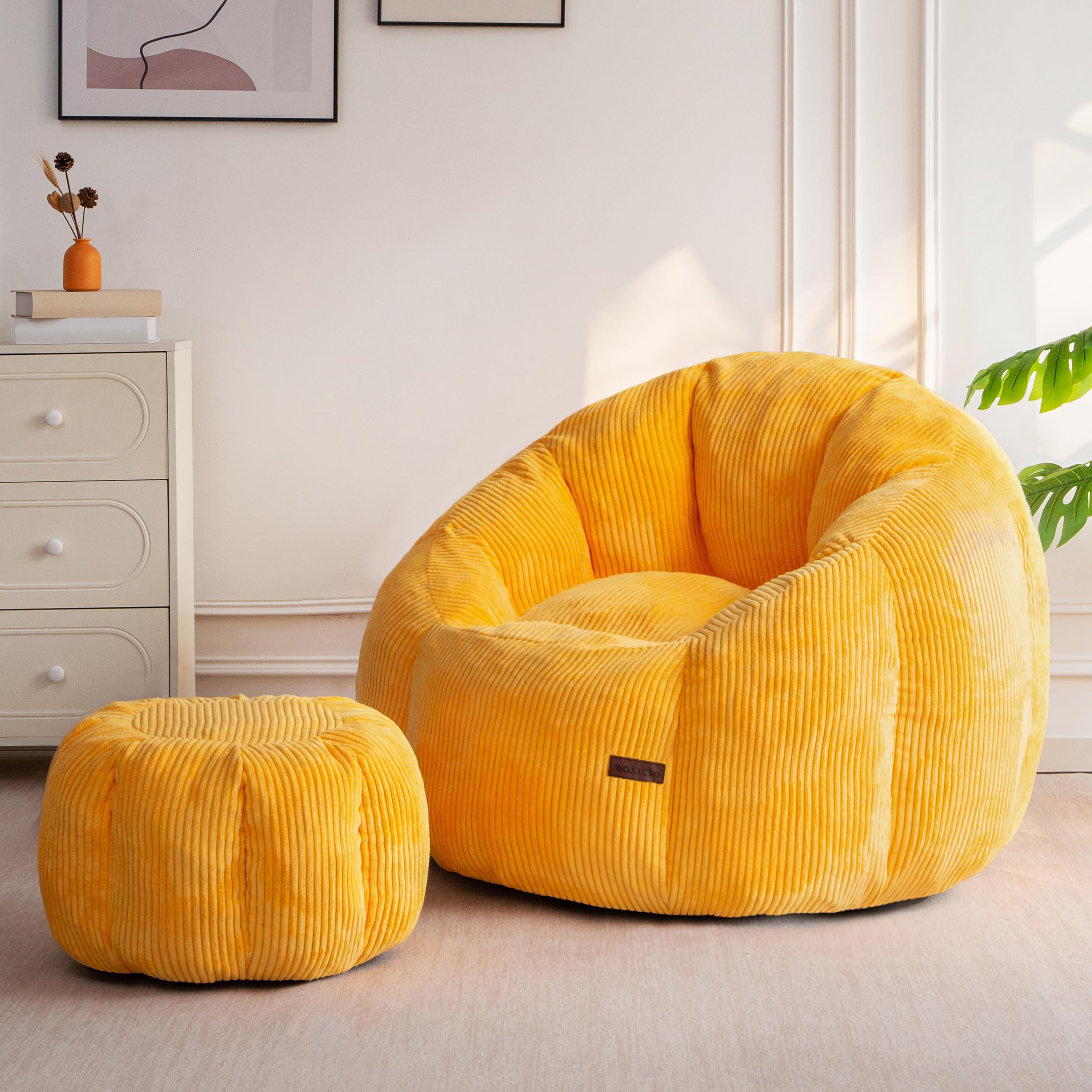 MAXYOYO Bean Bag Chair with Ottoman, Comfy Pumpkin Floor Chair for Adults