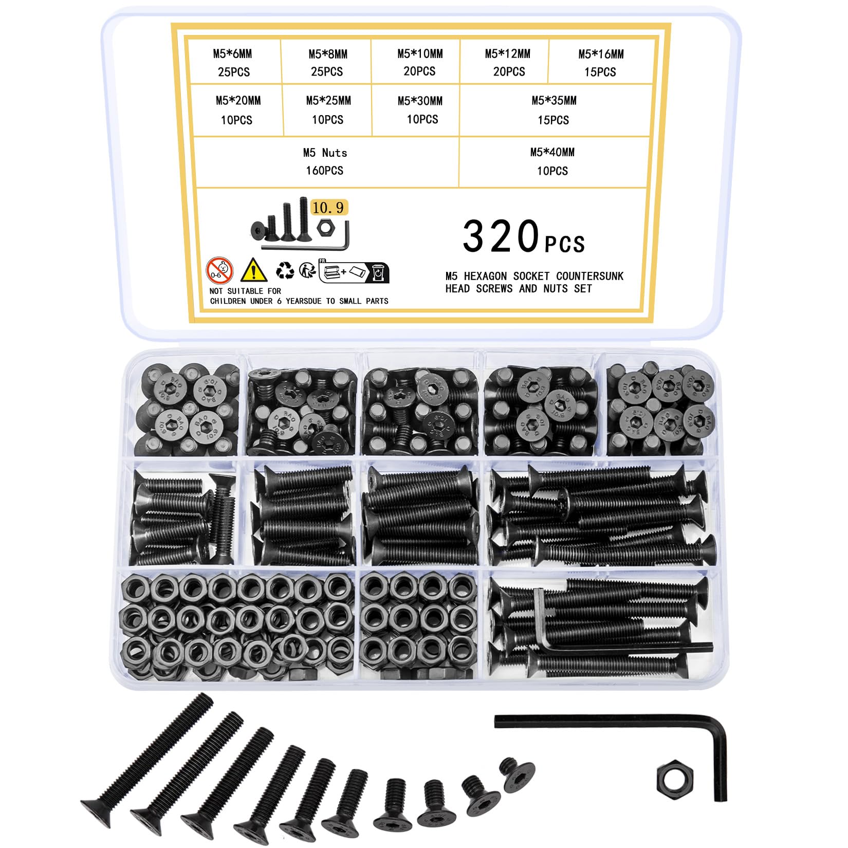 Ewwtrey 320 Pcs M5 Screws Set, Countersunk Hex Socket Head Cap Screws and Nuts Set, M5 Bolts and Nuts Assortment