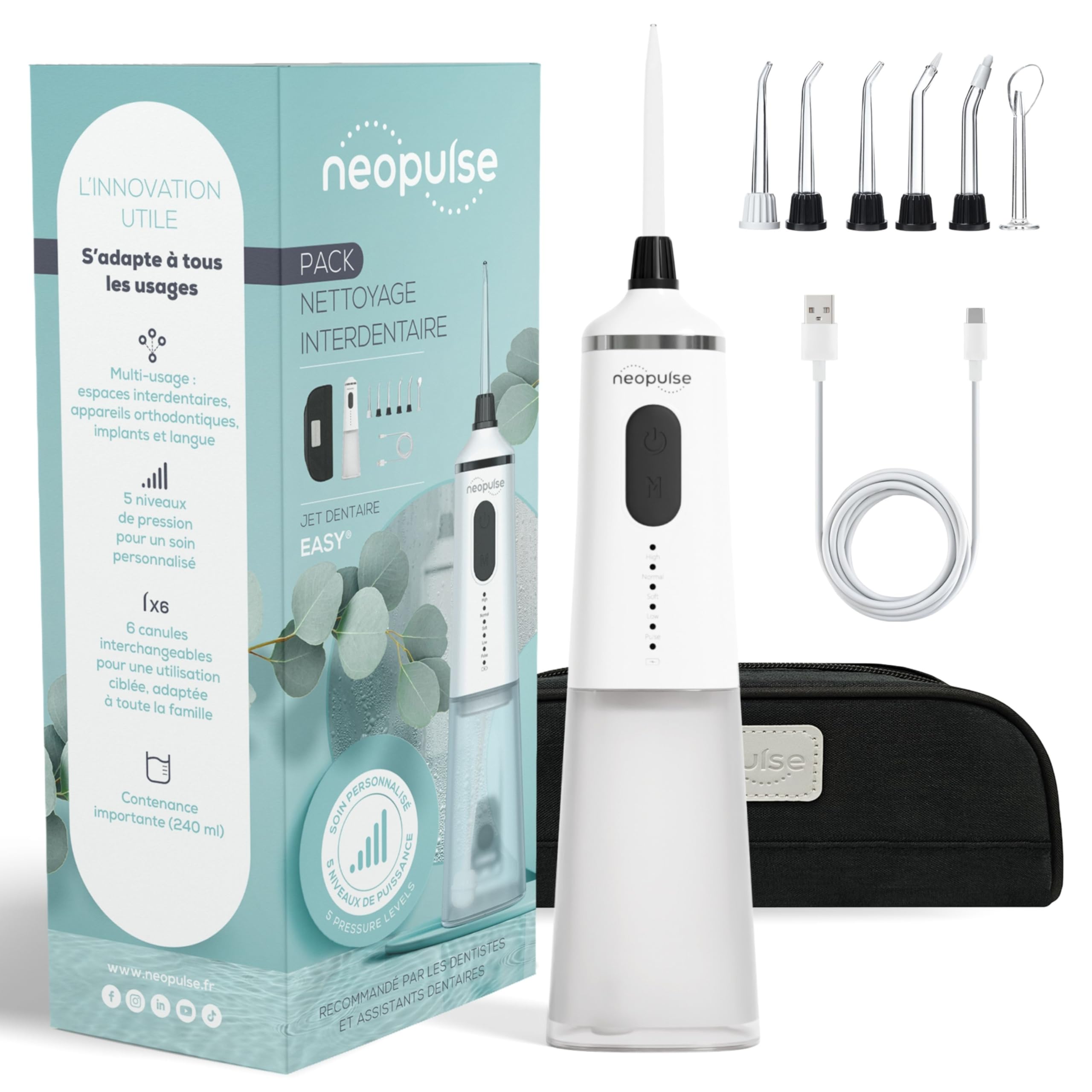 NEOPULSE EASY® – Jet Dentaire Hydropulseur Irrigateur Oral – Usage Familial – 5 Niveaux de Pression – Grand Réservoir de 240ML – 6 embouts - Gencives Sensibles et Orthodontie - Transportable - Blanc
