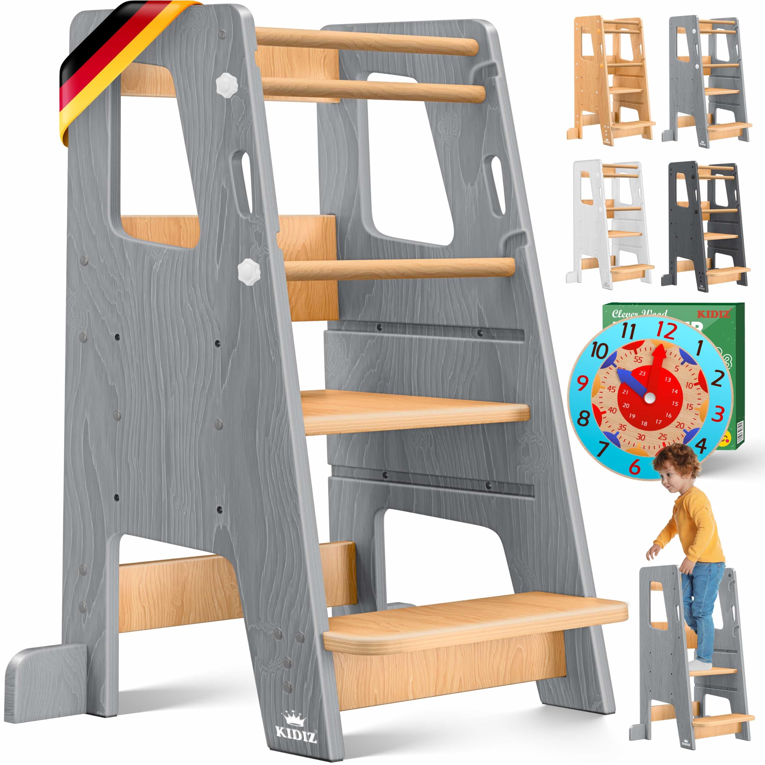 KIDIZ® Tour d'apprentissage pour enfants à partir de 1 an avec horloge d'apprentissage | Marchepied réglable en hauteur sur 3 niveaux en bois de pin | Favorise la motricité ludique et la tour