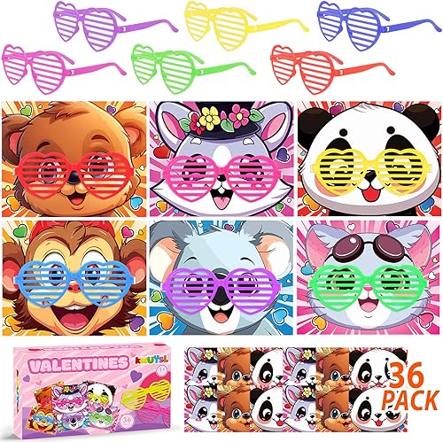 Miniatura 1 de KMUYSL Paquete de 36 tarjetas del día de San Valentín para niños, tarjetas escolares de San Valentín con gafas en forma de corazón, tarjetas de San