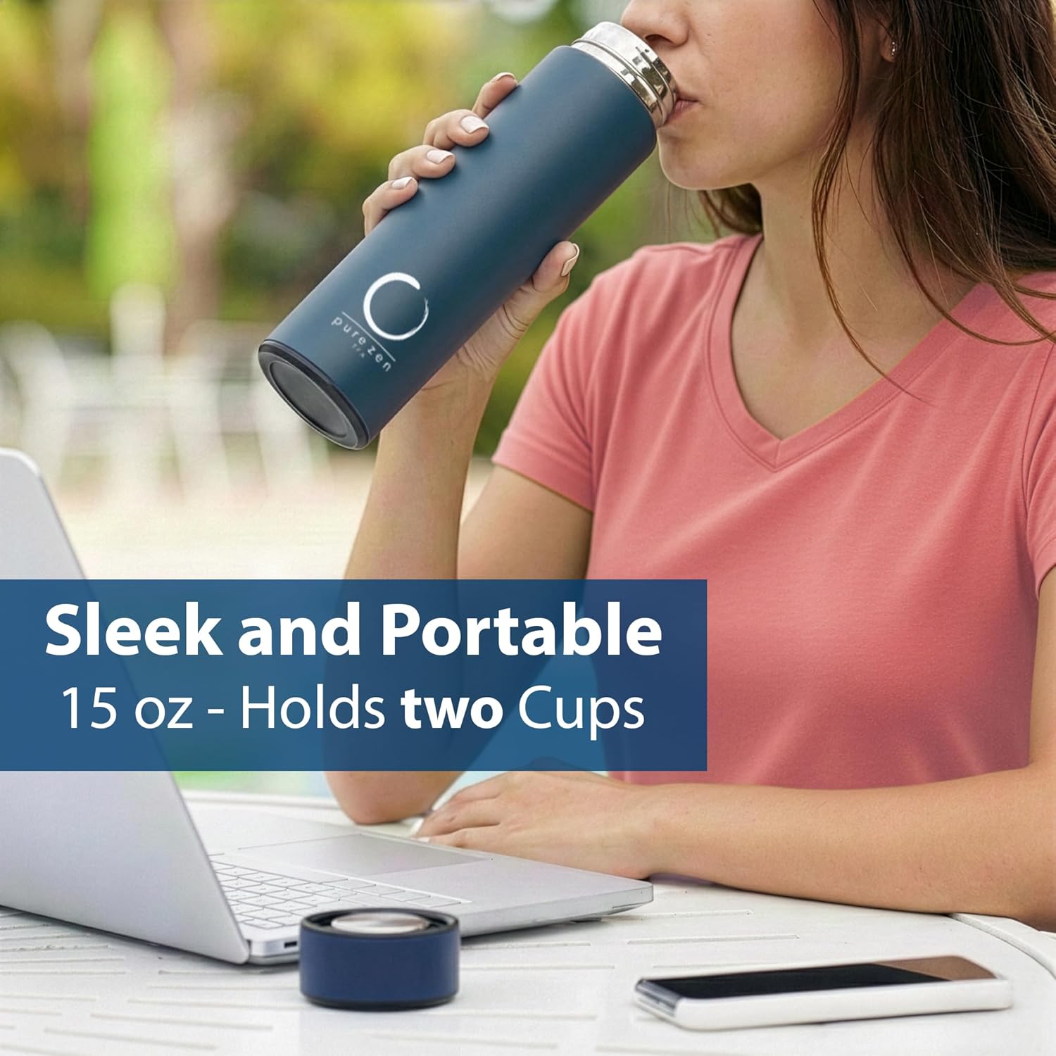 Pure Zen Tea Thermos with Infuser for Hot and Cold Infusions - Stainless Steel - Tea Infuser Bottle - Leakproof Travel Mug with Filter - 15oz - Blue - Image 2