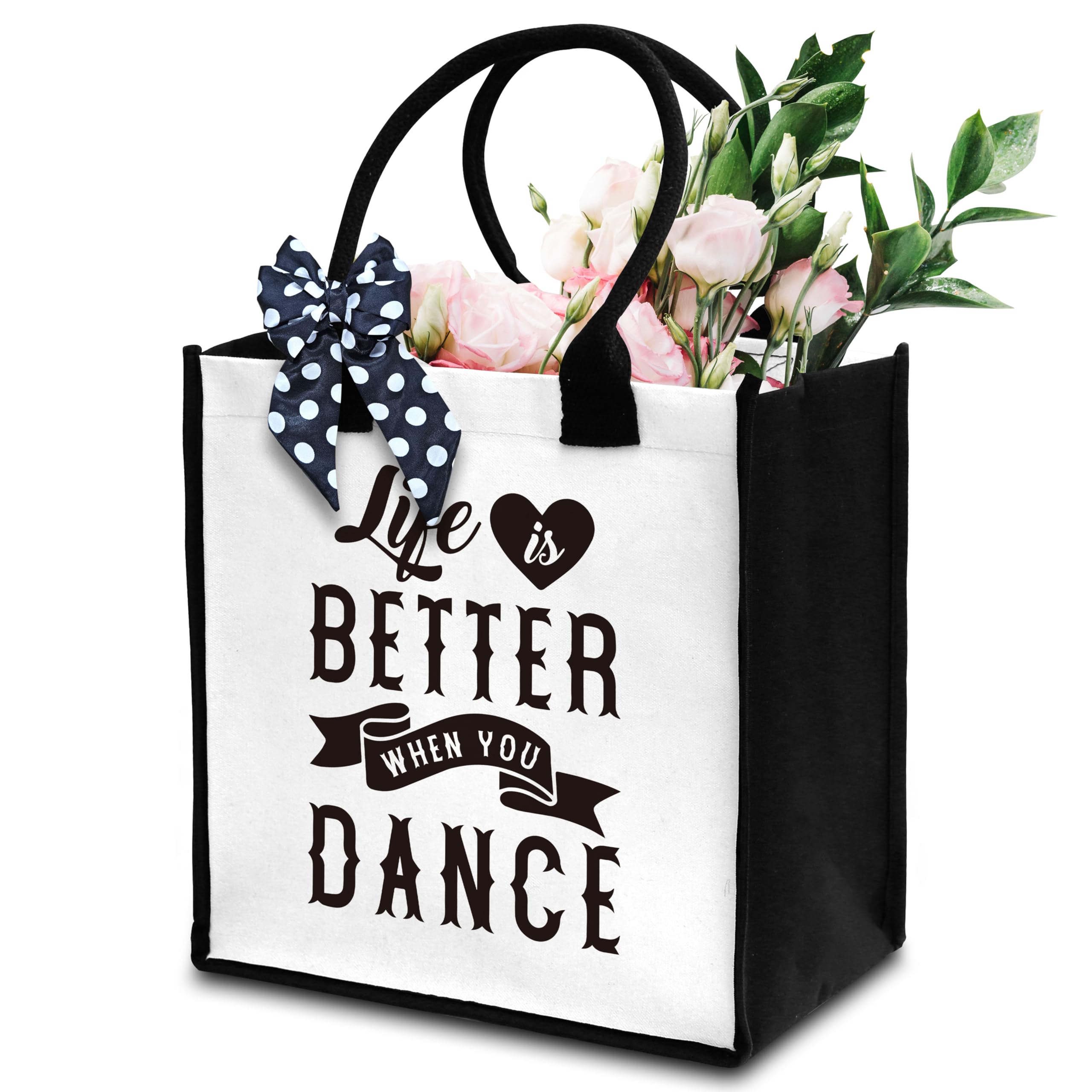 Dance Tote Bag For Women, Life Is Better When You Dance Tote Bag, Canvas Tote Bag For Travel Shopping, Dance Lover Gift Tote Bag With Ribbon, Beach Tote Bag Gifts For Women Teachers Dancer Friends