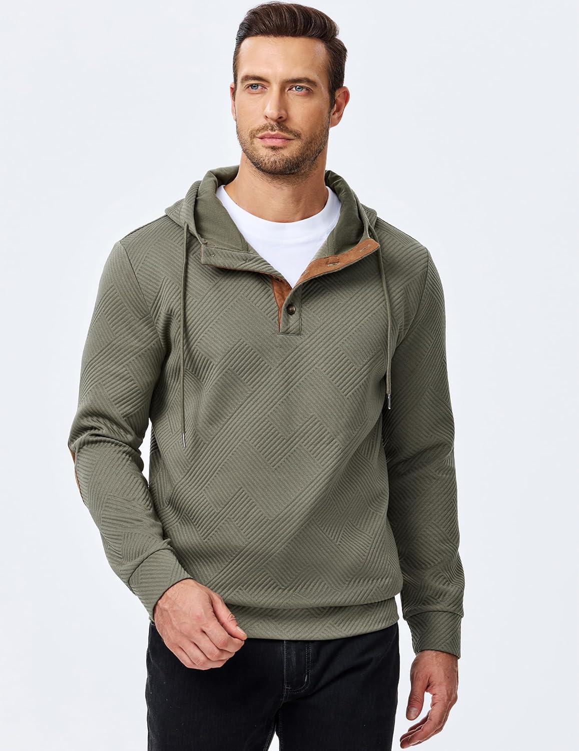 JMIERR Mens Hoodies Fall Casual Cotton Textured Long Sleeve Half Button Pullover Hooded Sweatshirts - Image 2