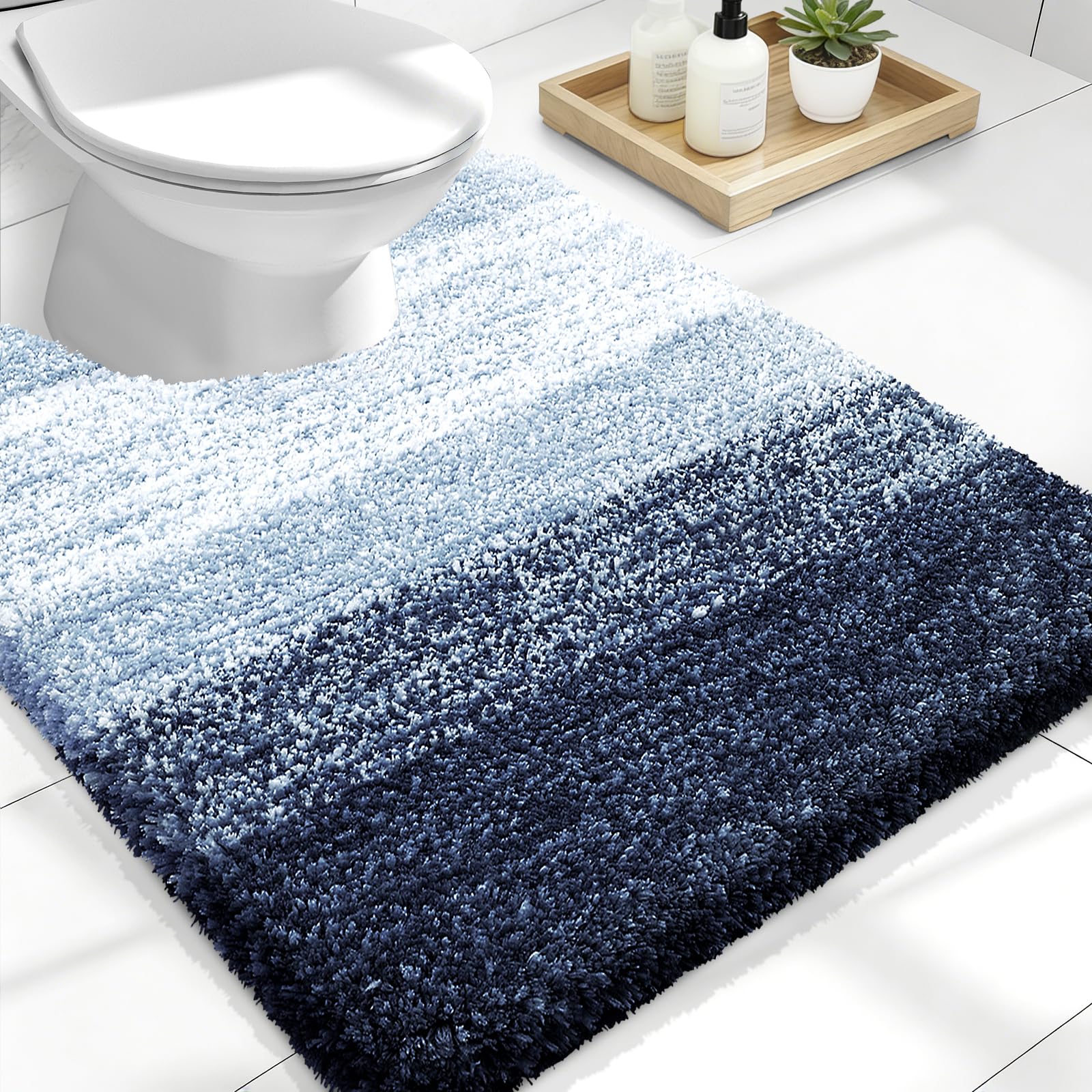 OLANLY Luxury Toilet Rugs U-Shaped 24x20, Soft Absorbent Microfiber Mat | Navy Blue, Non-Slip Quick-Drying Rubber Backing, Washable Plush Contour Bath Mat for Toilet Base, Home Decor Accessories