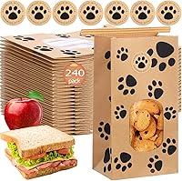 Tenceur 240 Dog Paw Bakery Bags with Clear Window & Tin Tie - Greaseproof Kraft Paper Cookie Bags for Treats, Gifts, Pet Snacks 3.5x2.4x6.7in Brown