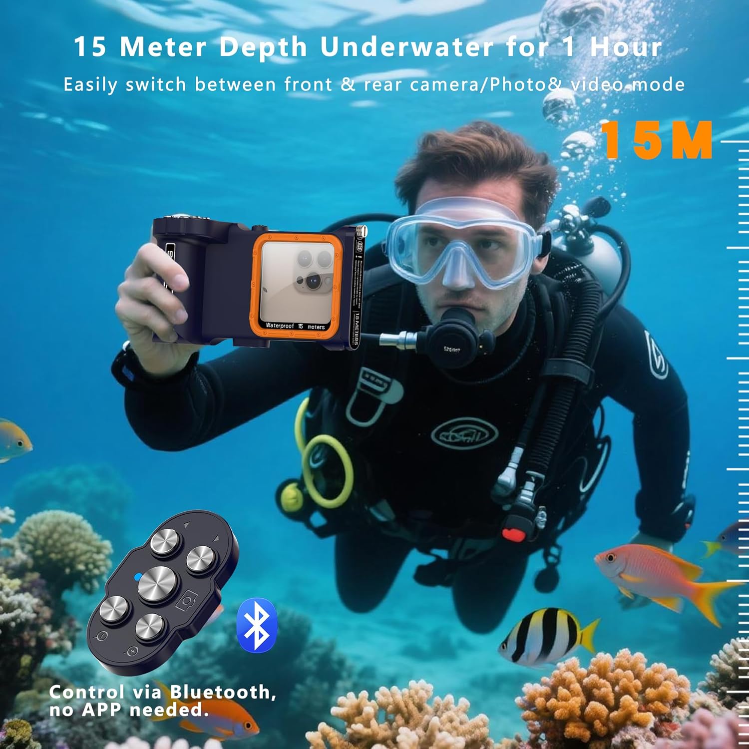 MRUOZRUI Waterproof Diving Snorkeling Phone Case Bluetooth Control 50ft– Universal Fit with iPhone 15/14 Pro Max/Samsung Galaxy S25/S24/Ultra/Plus/Pixel Motorola 4.7-6.9 inch, Blue Orange