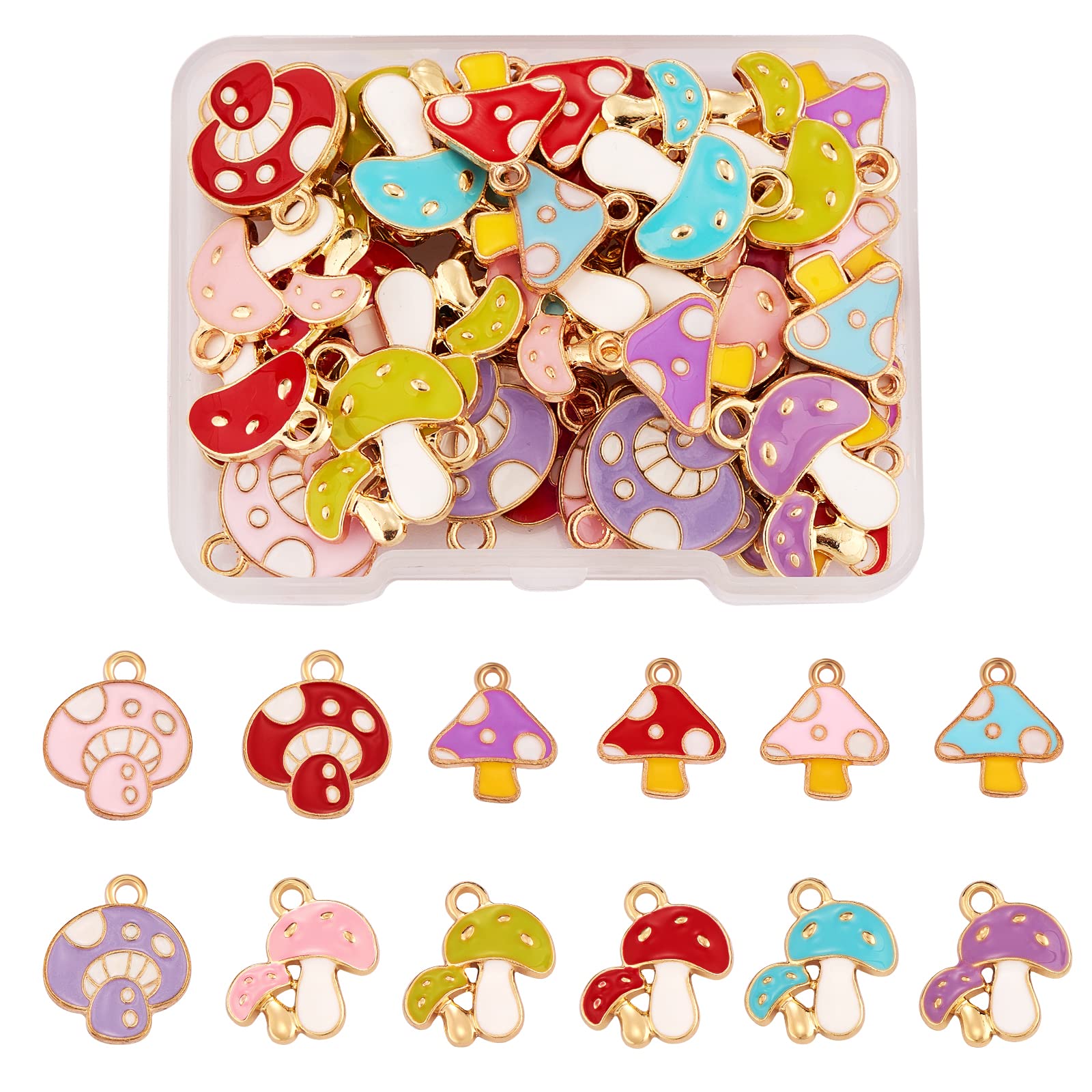 COGCHARGER 48 Pieces Mushroom Enamel Charms Pendant Alloy Enamel Cut Mushroom Charm Mixed Color for Jewelry Necklace Earring Making Crafts