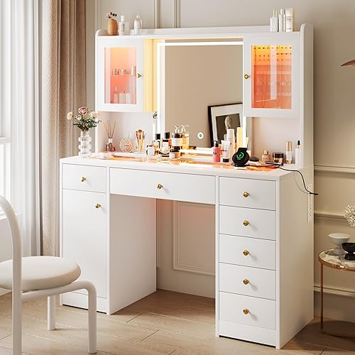 iPormis Vanity Desk with Mirror and Lights, Glass Top Makeup Vanity with RGB Light and Power Outlet, Dressing Table Mirror with 3 Lighting Colors, 7 Drawers, 3 Cabinets, White Vanity for Bedroom