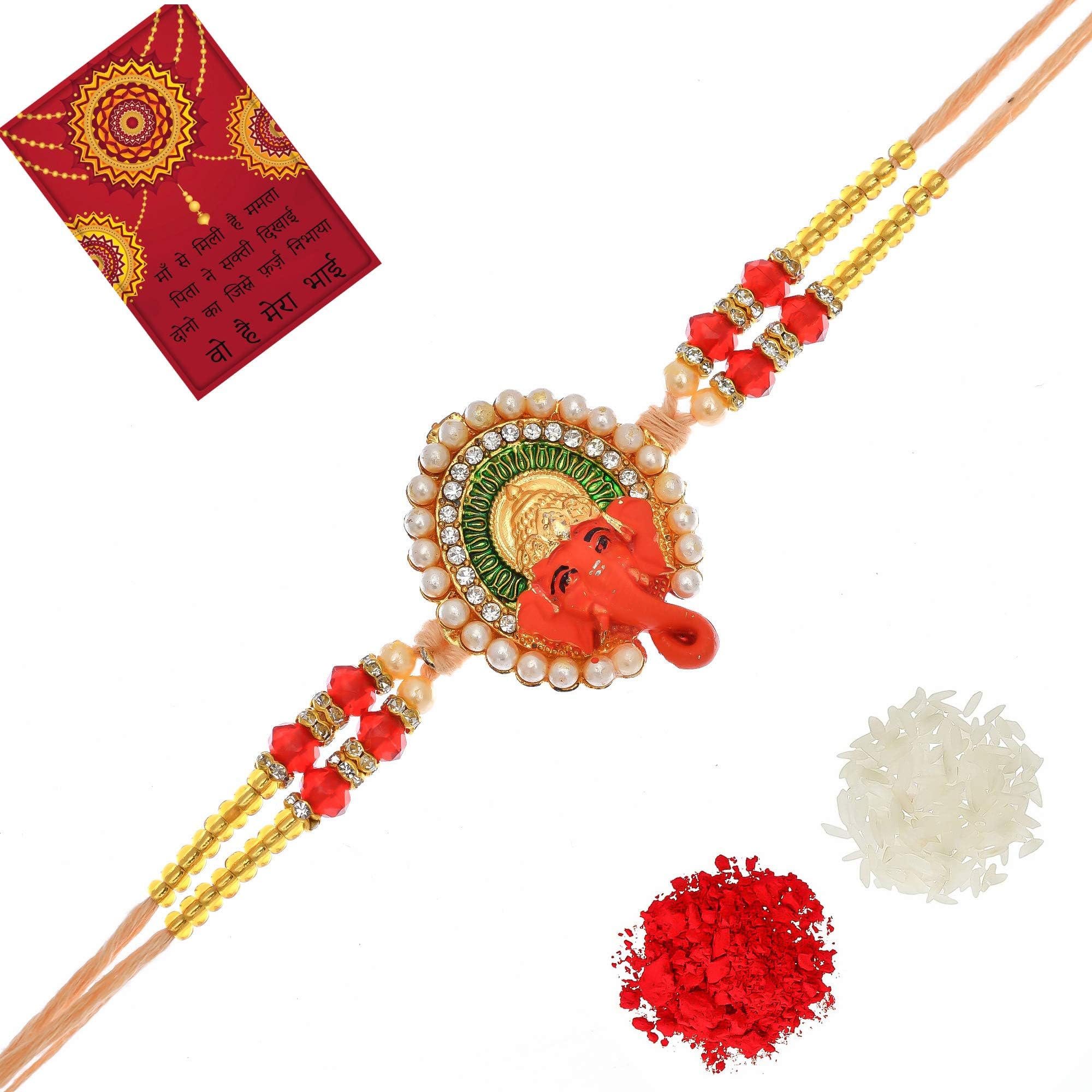 Poorak Festives Rakshabandhan Beautiful Mukut Ganesha Rakhi for Brother 1 Greeting, 1 kumkum and chawal and 1 Chawal Packet