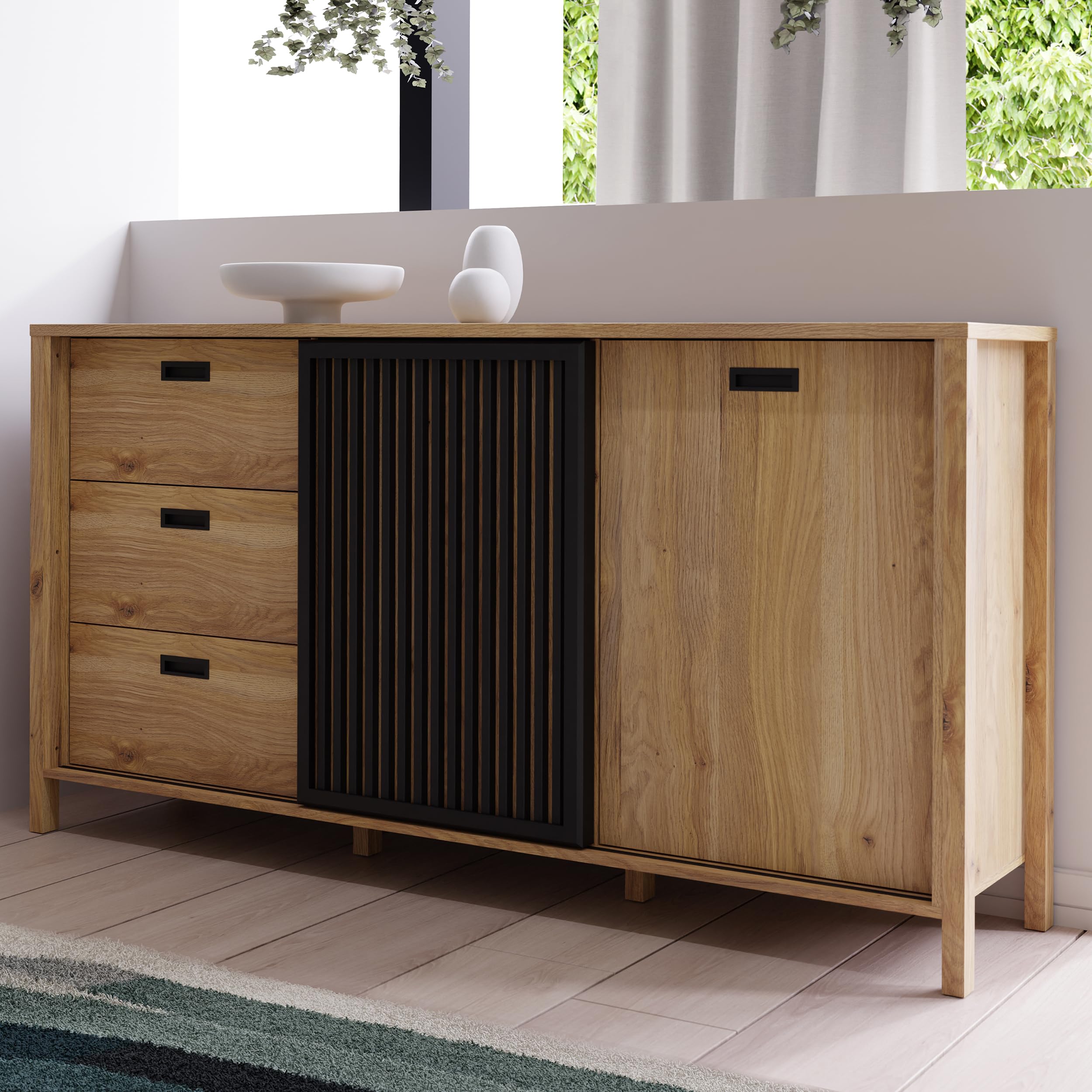Forte JYTANA Sideboard 170 180, skandinavisches Sideboard mit 3 Schubladen und 2 Schranktüren, Holzwerkstoff, Mauvella Eich Holzdekor/Schwarz, 174,8 cm breit x 91,5 cm hoch x 40,2 cm tief Küche, Haushalt & Wohnen