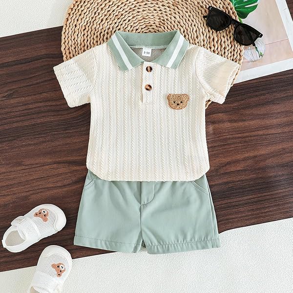 Kleinkind Baby Jungen Kleidung Sommer Outfits Niedliches Bären Poloshirt und Knöpfen Shorts mit Taschen 2-teiliges Frühling Set - 2