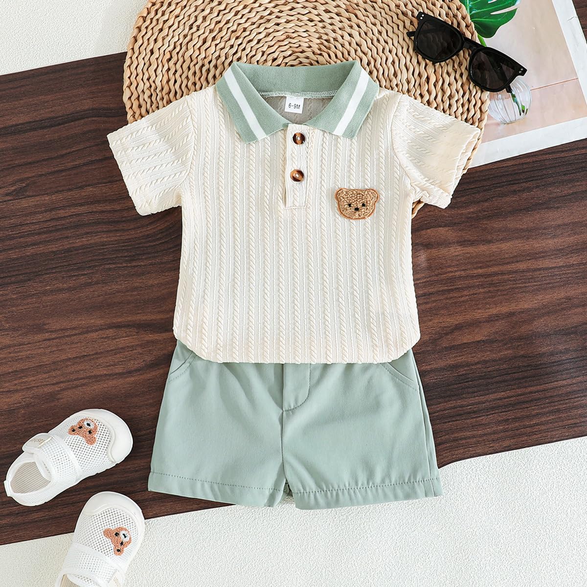 Kleinkind Baby Jungen Kleidung Sommer Outfits Niedliches Bären Poloshirt und Knöpfen Shorts mit Taschen 2-teiliges Frühling Set - 3