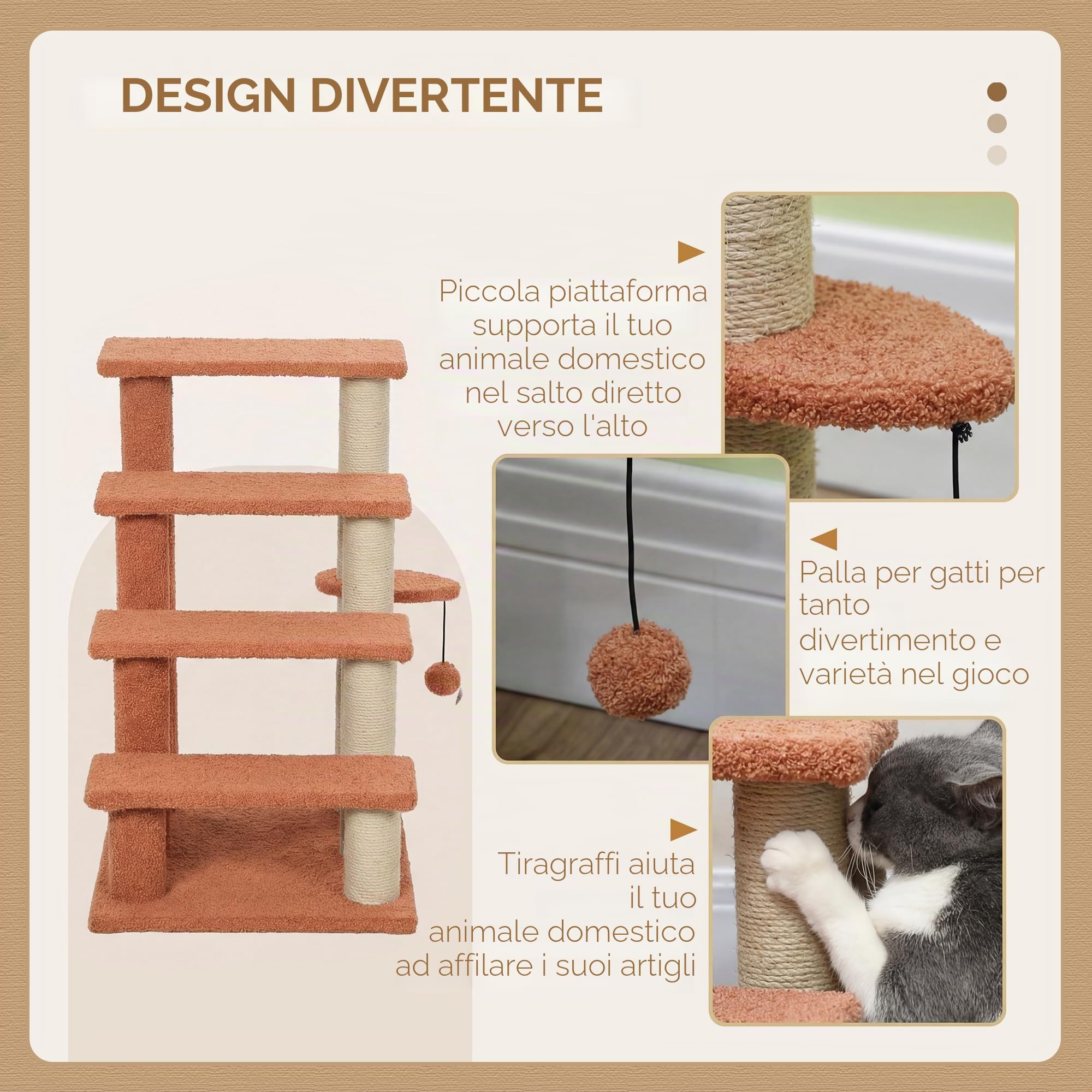 PawHut 4 livelli scale per gatti tappezzate per letto alto Marrone