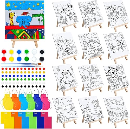 Tenceur 48 Pcs Kids Paint Party Favors Sets with 12 Pcs Pre Drawn Canvas Panel and Wooden Easel Set Paint Pots and Brushes, 12 Pcs Mini Apron and