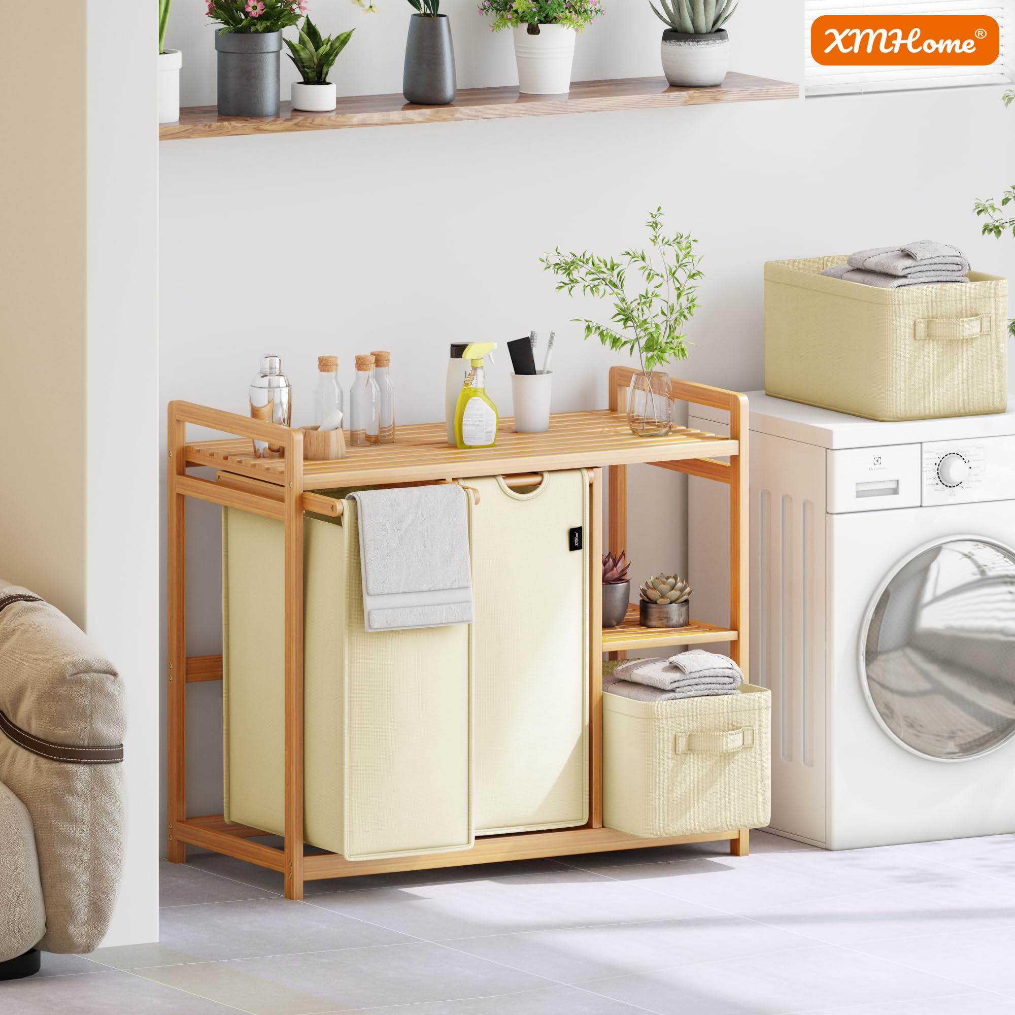Cesto portabiancheria da 138 l, con 2 sacchetti per la biancheria e 2 scatole portaoggetti, in bambù | Cesto portabiancheria a 4 scomparti con ripiano in bambù, per bagno, camera da letto e lavanderia, beige