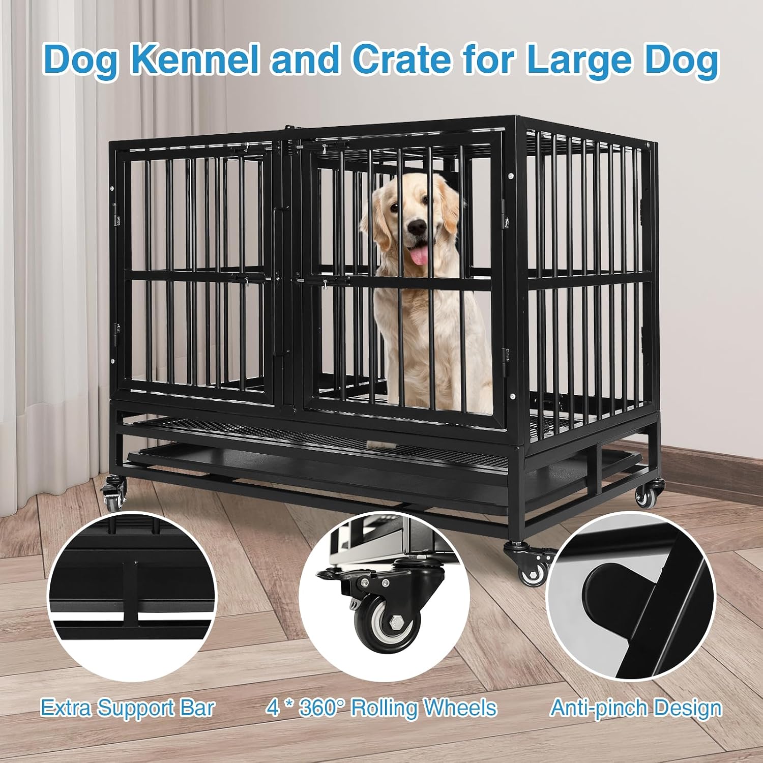 37" Heavy Duty Dog Crates with Removable Divider Large Indestructible Square Tube Dog Kennels for High Anxiety Dog Escape Proof Dog Cage Dog Kennel Pet Playpen for Training with Wheels, Tray, Black