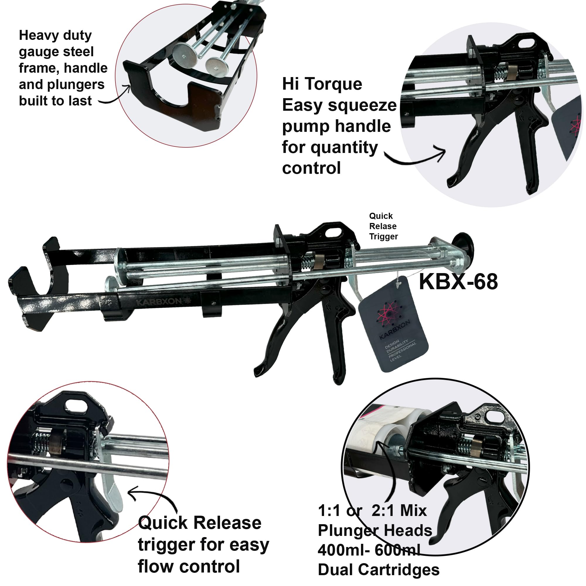 KARBXON 400 ml /13.5 oz (1:1 and 2:1) 26:1 High Thrust Dual Component Cartridge Gun-KBX68B