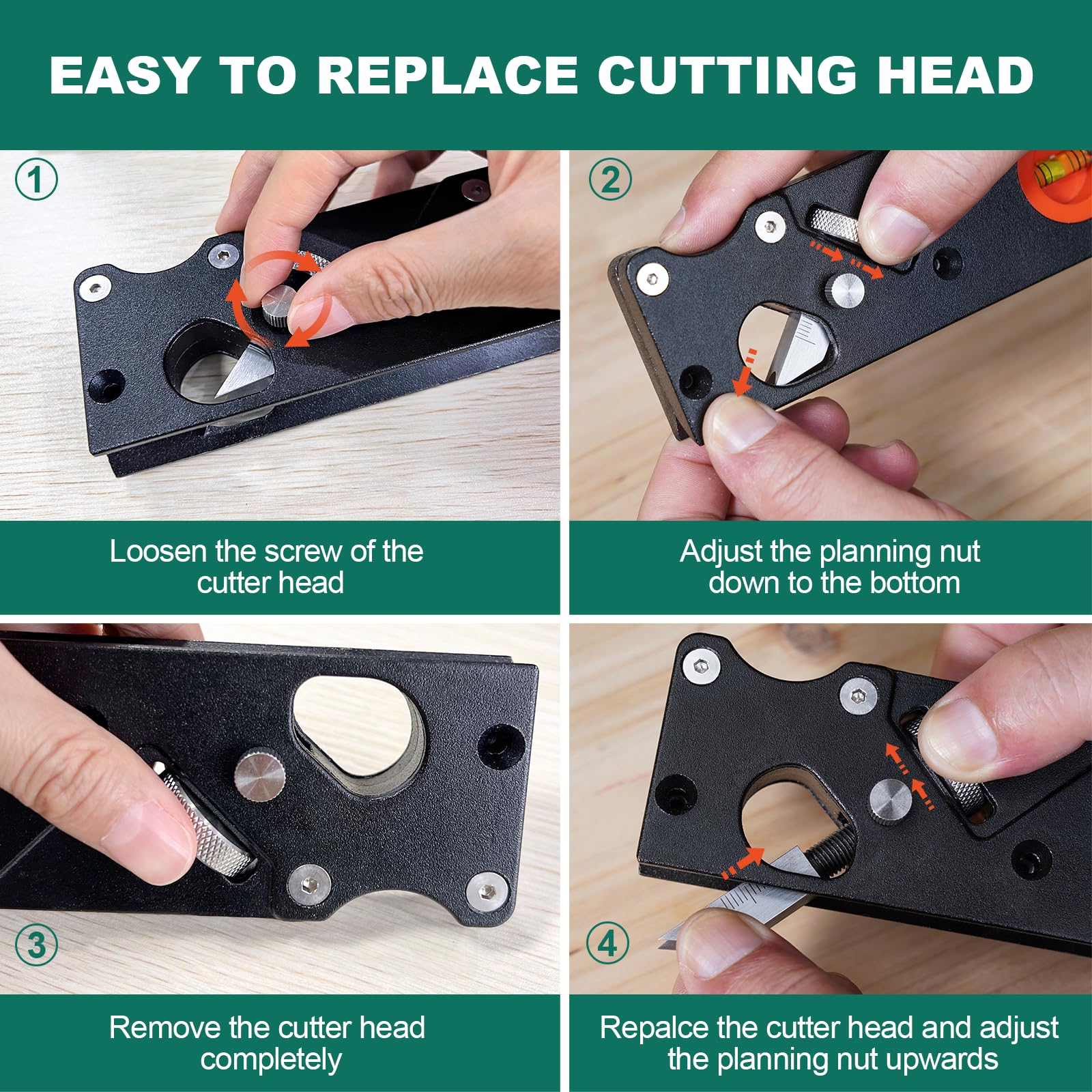 HYCHIKA - Herramienta de aplanamiento de esquinas de bordes para madera, cepilladora manual de 45° con 4 cabezales de corte, mango ergonómico, localización de burbujas, recortadora de bandas de bordes