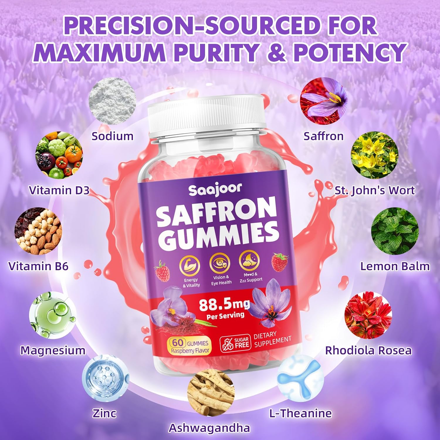 Saffron Gummies for Adult Kids - with Saffron 88.5mg, Vitamins D3 & B6, Magnesium, Zinc, Ashwagandha, L - Theanine, St. John's Wort - Supports Mood & Focus, Vegan, Raspberry Flavor, 120 Gummies