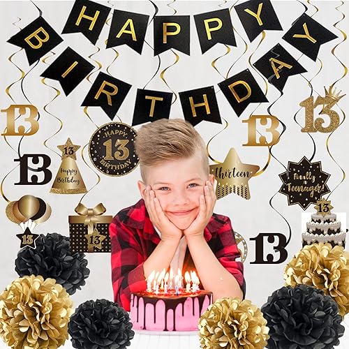 Miniatura 4 de BRT Bearingshui Decoración de serpentinas colgantes de feliz cumpleaños número 13, pancarta de feliz cumpleaños con pompones de seda, decoración de