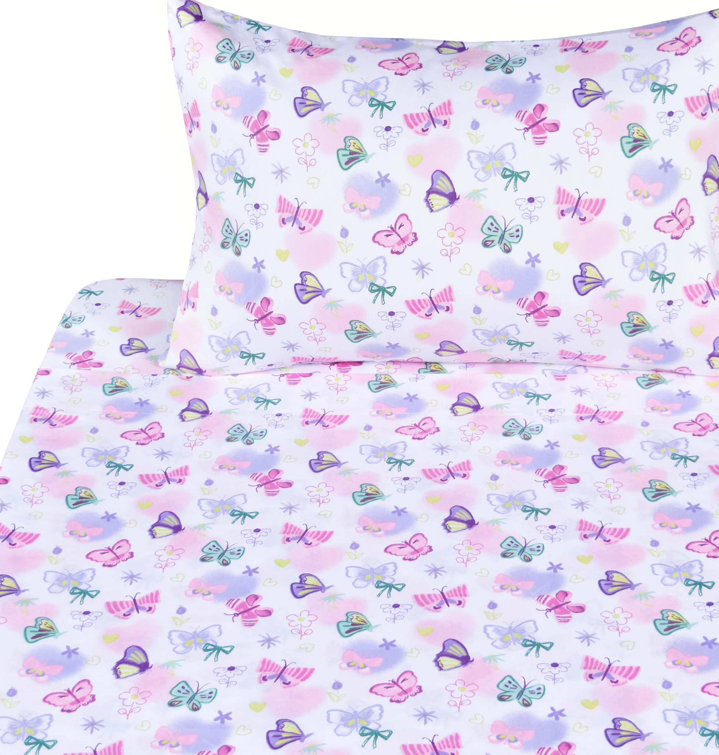 J-pinno Butterfly in Wonderland Purple Pink Cute Twin 100% Cotton 3 Pieces Sheet Set for Kids Girls Children, Flat Sheet + Fitted Sheet + Pillowcase