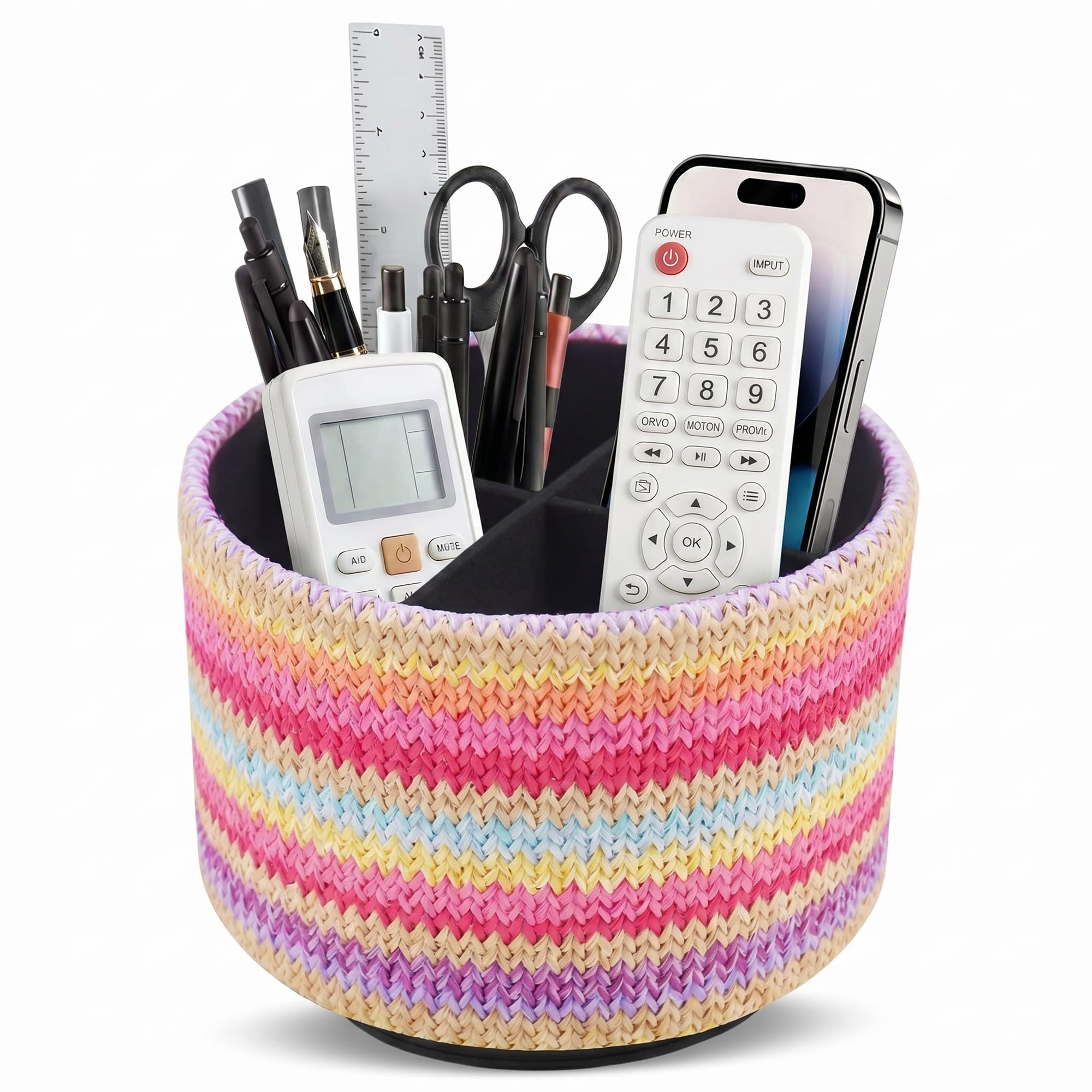 Mtzmy Round Leather Art Supply Organizer,Remote Control Holder,360 Degree Spinning,Multi-Functional Pencil Holder,4 Compartments Desktop Stationary Organizer(1-Woven Yellow) โ image 1