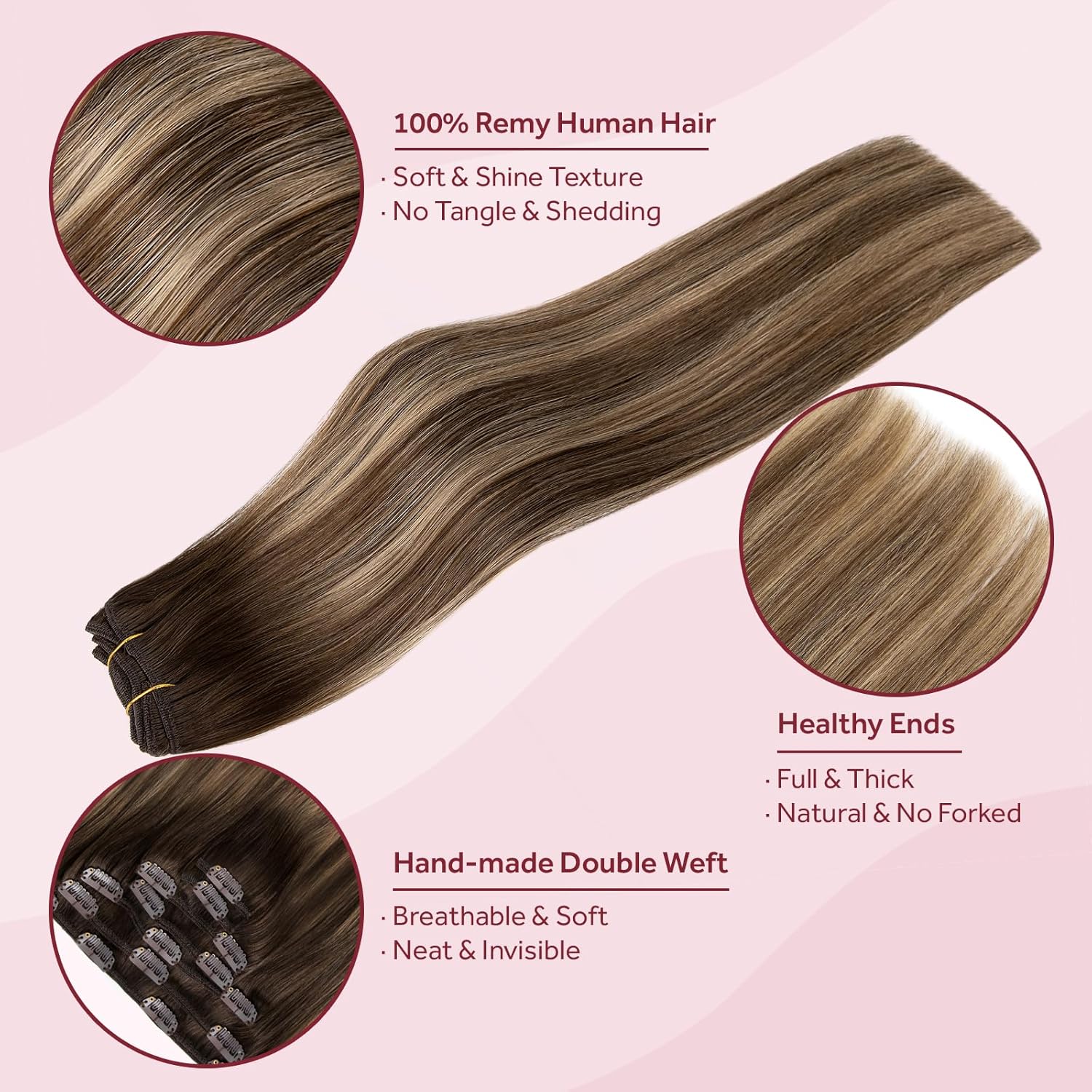 Clip in Hair Extensions Real Human Hair, Human Hair Extensions Clip in, Tangle-free Straight Hair Extensions for Women, 120G 7PCS Balayage Chocolate Brown to Caramel Blonde #4/27/4 16 Inch